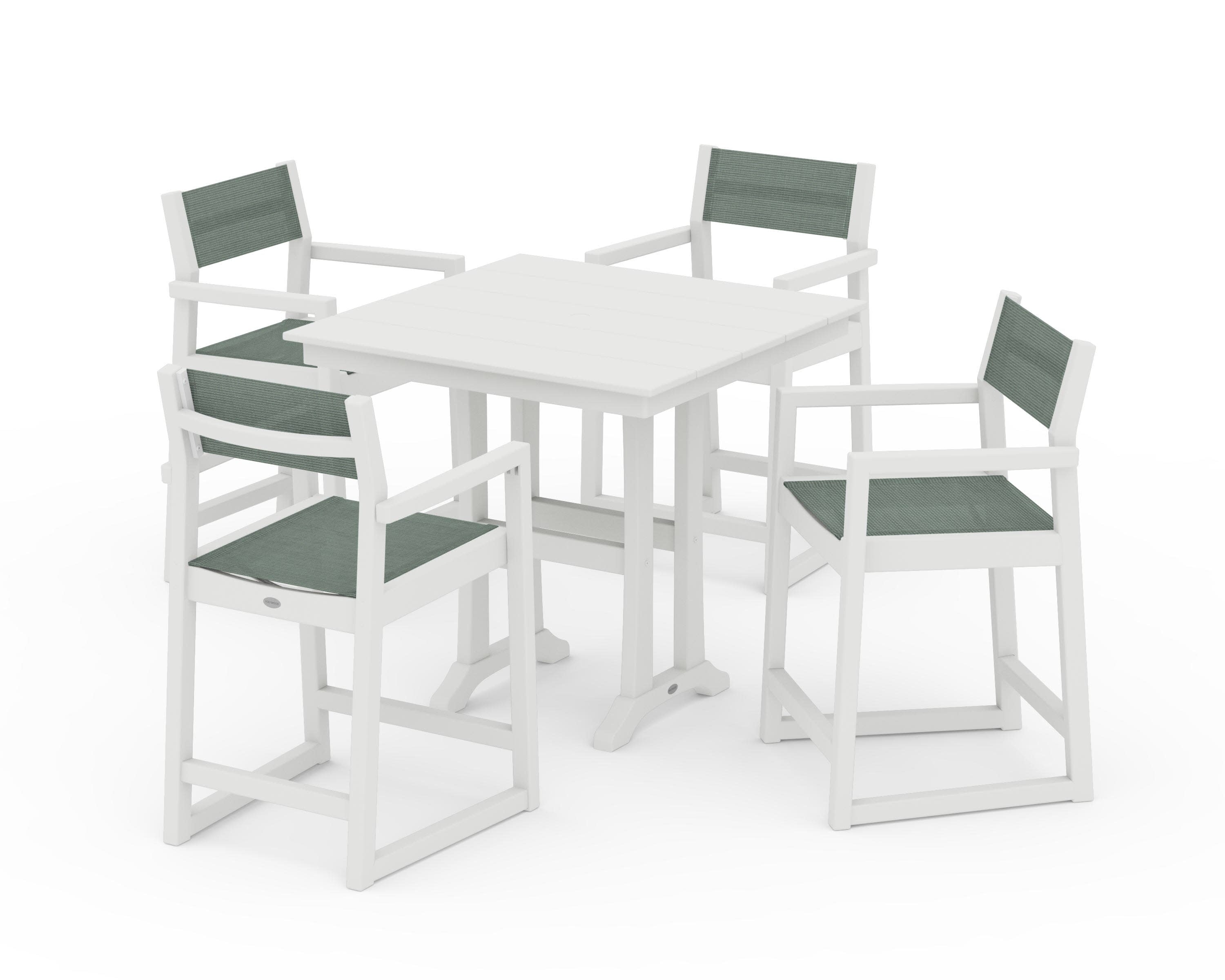 EDGE Sling Arm Chair 5-Piece Farmhouse Counter Set with Trestle Legs in Vintage White / Dupioni Sea Mist Sling