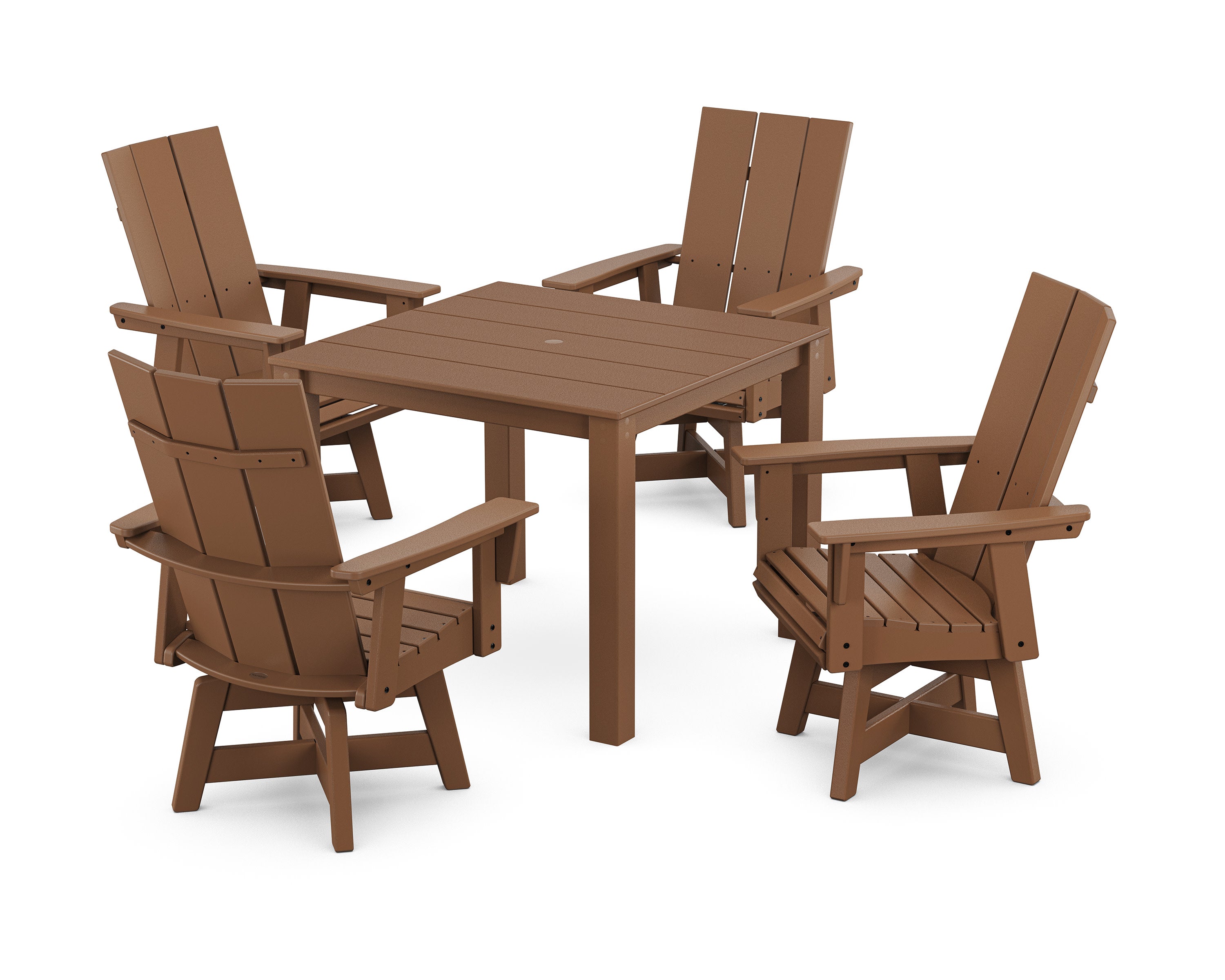 Modern Curveback Adirondack 5-Piece Parsons Swivel Dining Set in Teak