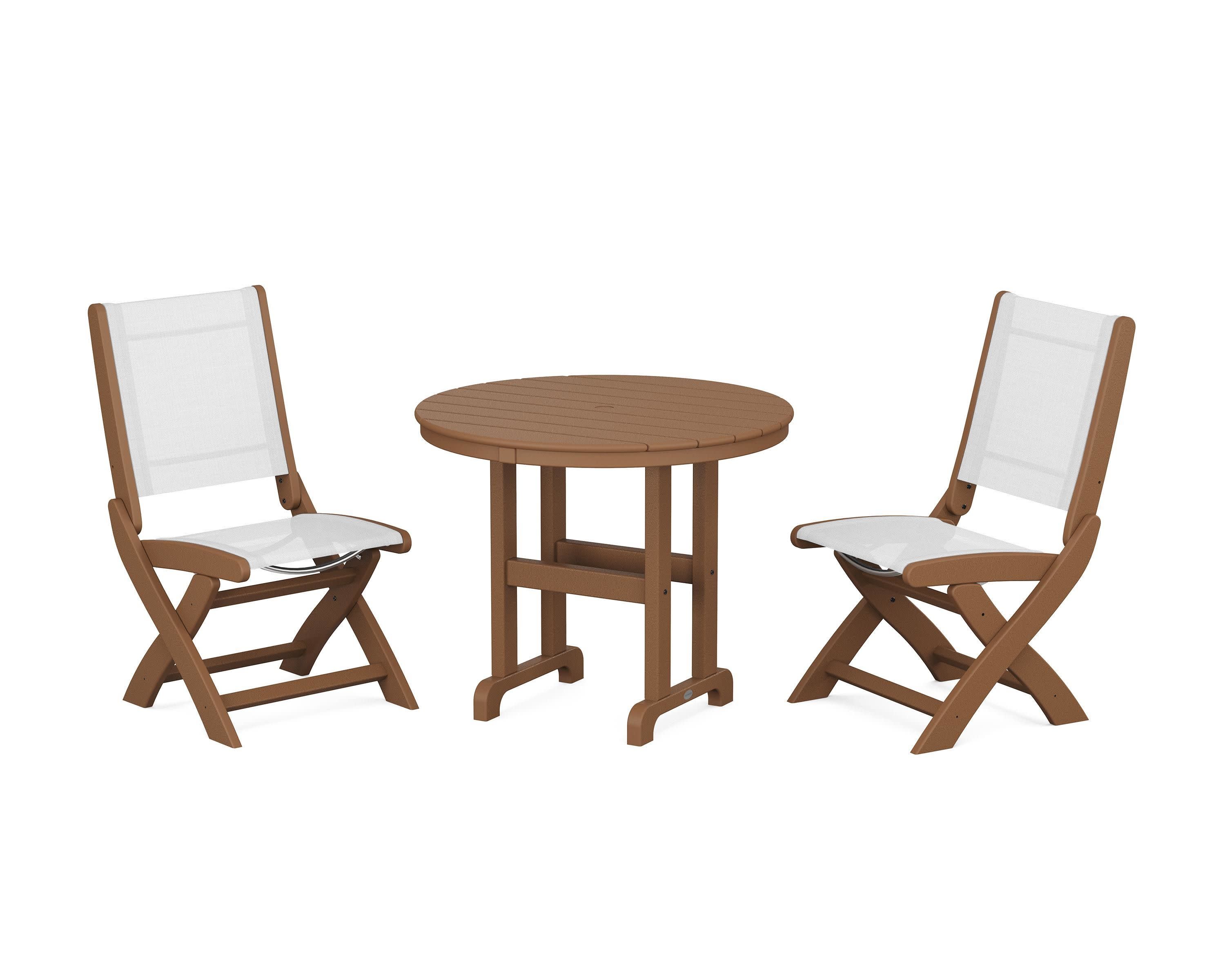 Coastal Folding Side Chair 3-Piece Round Dining Set in Teak / White Sling