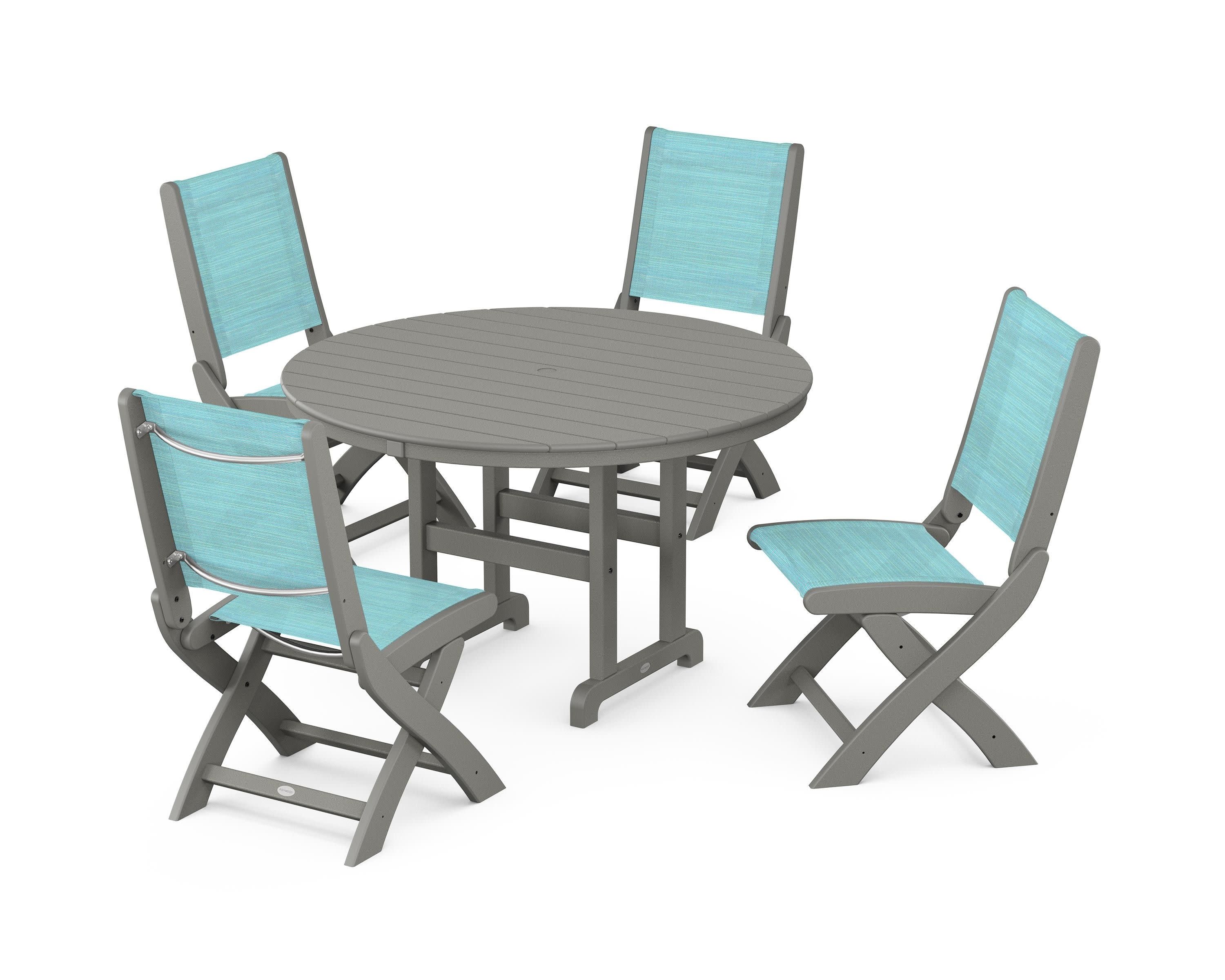 Coastal Folding Side Chair 5-Piece Round Dining Set in Slate Grey / Dupioni Aquamarine Sling