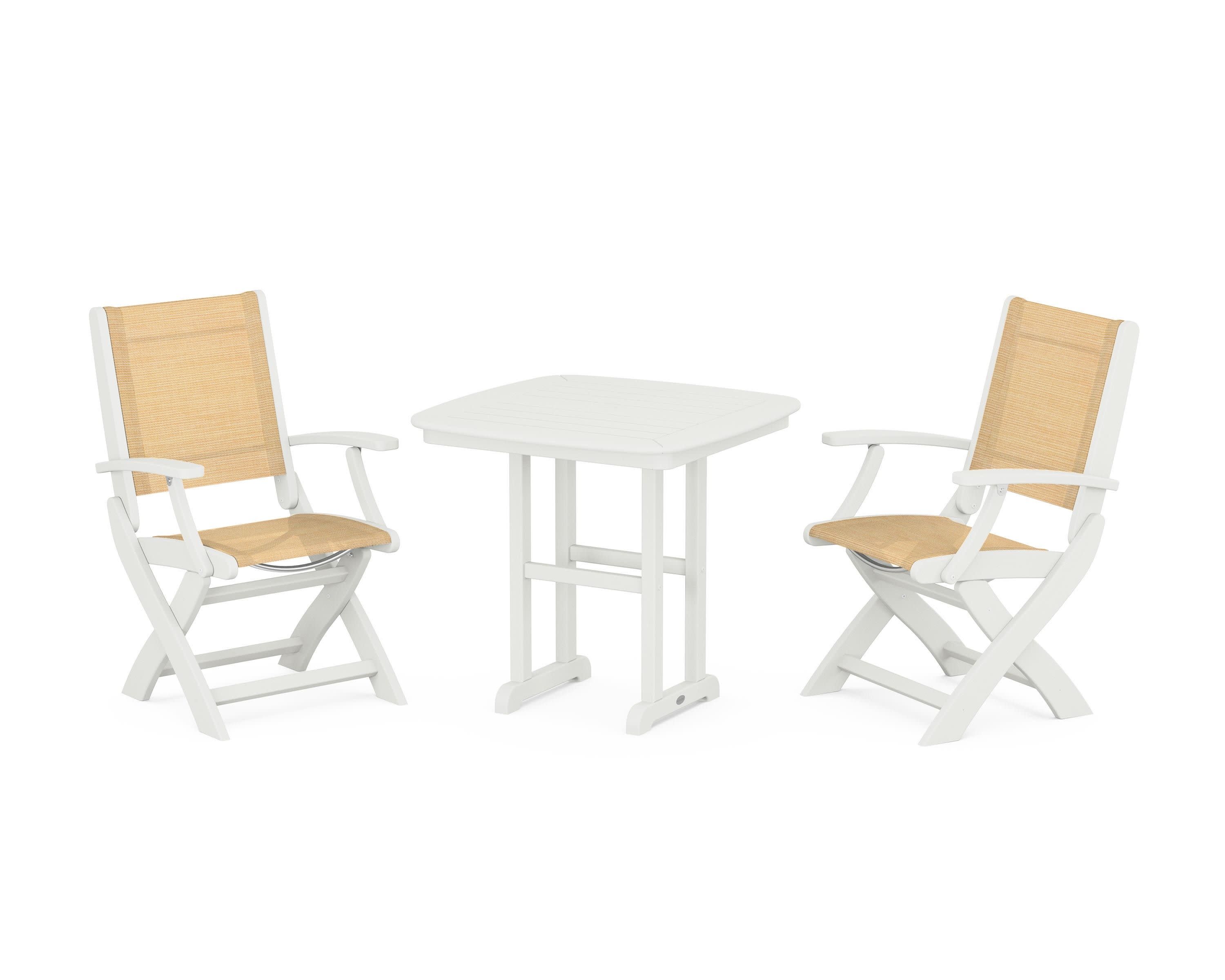 Coastal Folding Chair 3-Piece Dining Set in Vintage White / Dupioni Apricot Sling