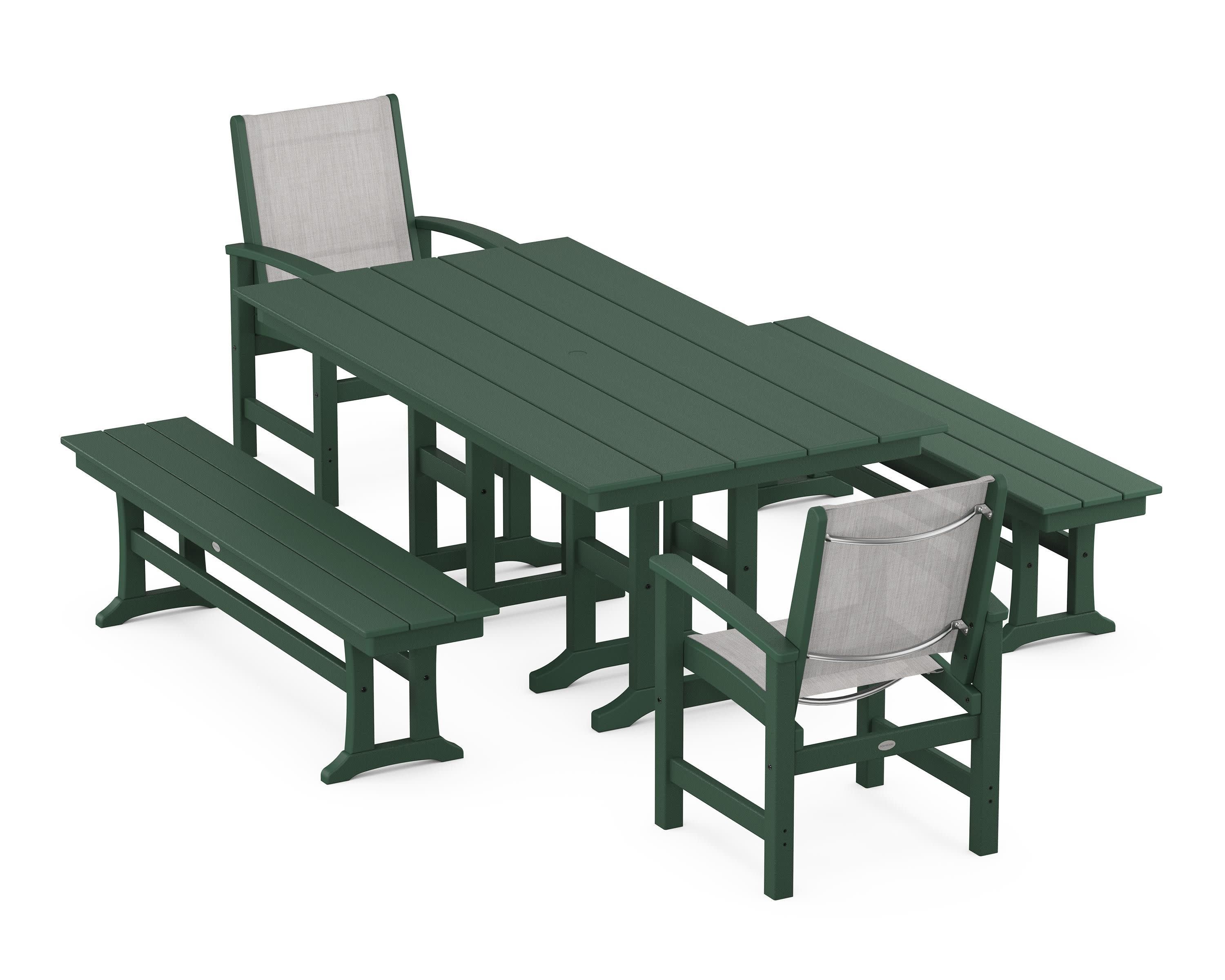 Coastal 5-Piece Farmhouse Dining Set in Green / Parchment Sling