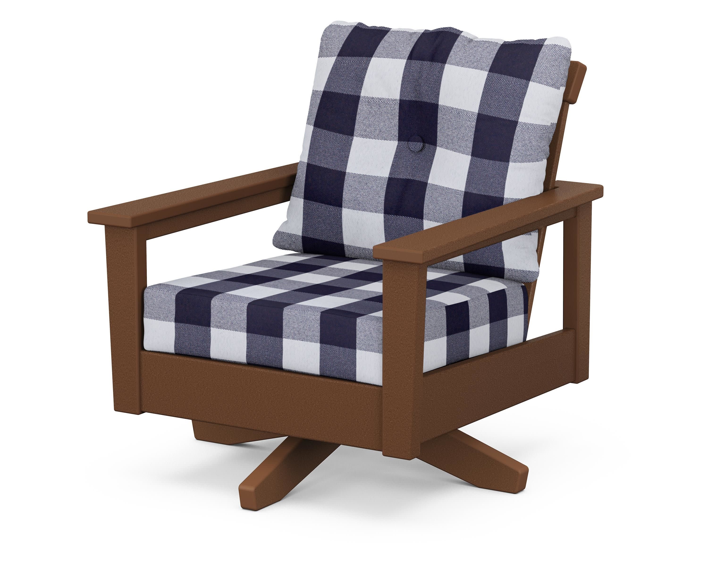 Prescott Deep Seating Swivel Chair in Teak / Buffalo Plaid Navy