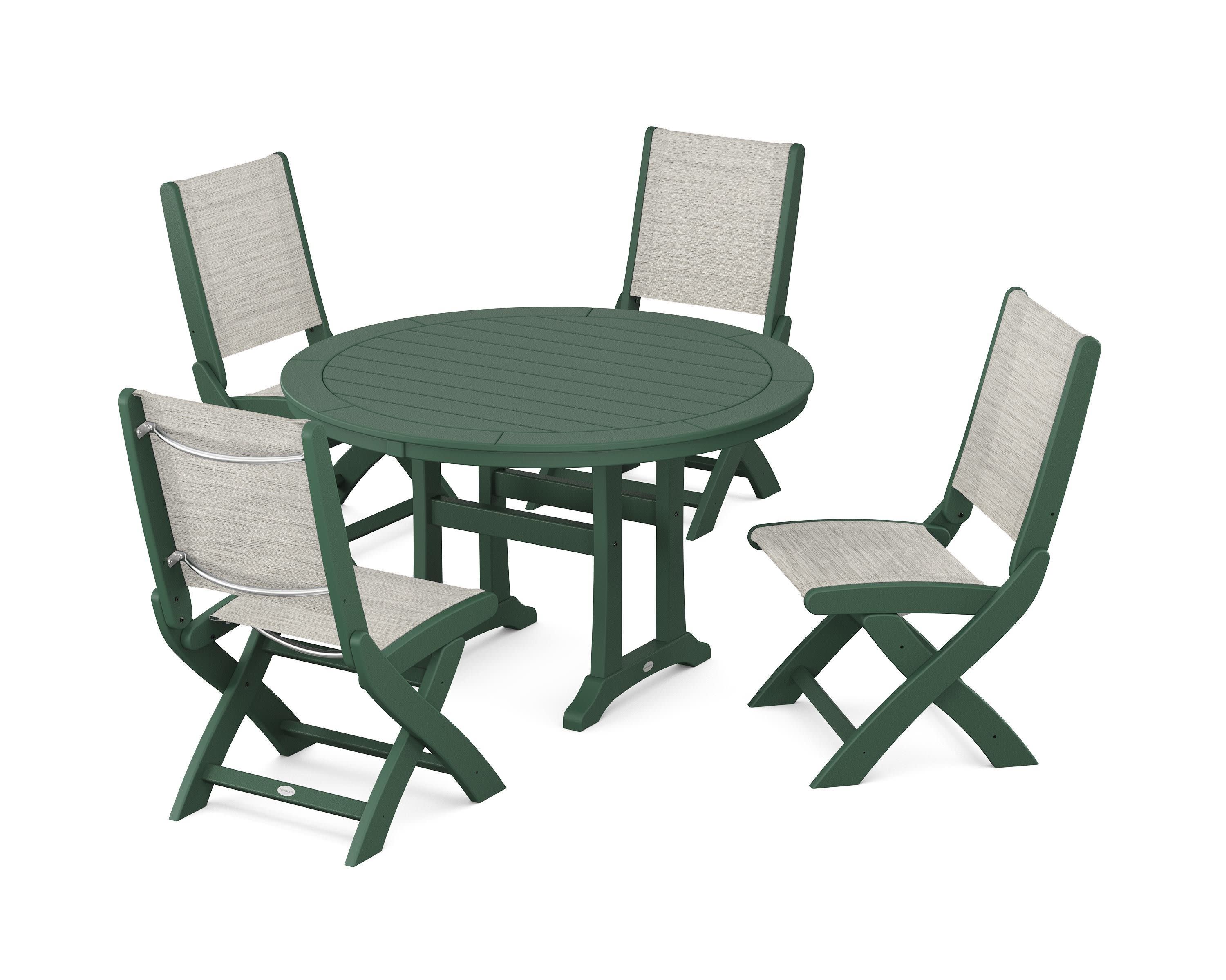 Coastal Folding Side Chair 5-Piece Round Dining Set With Trestle Legs in Green / Birch Sling