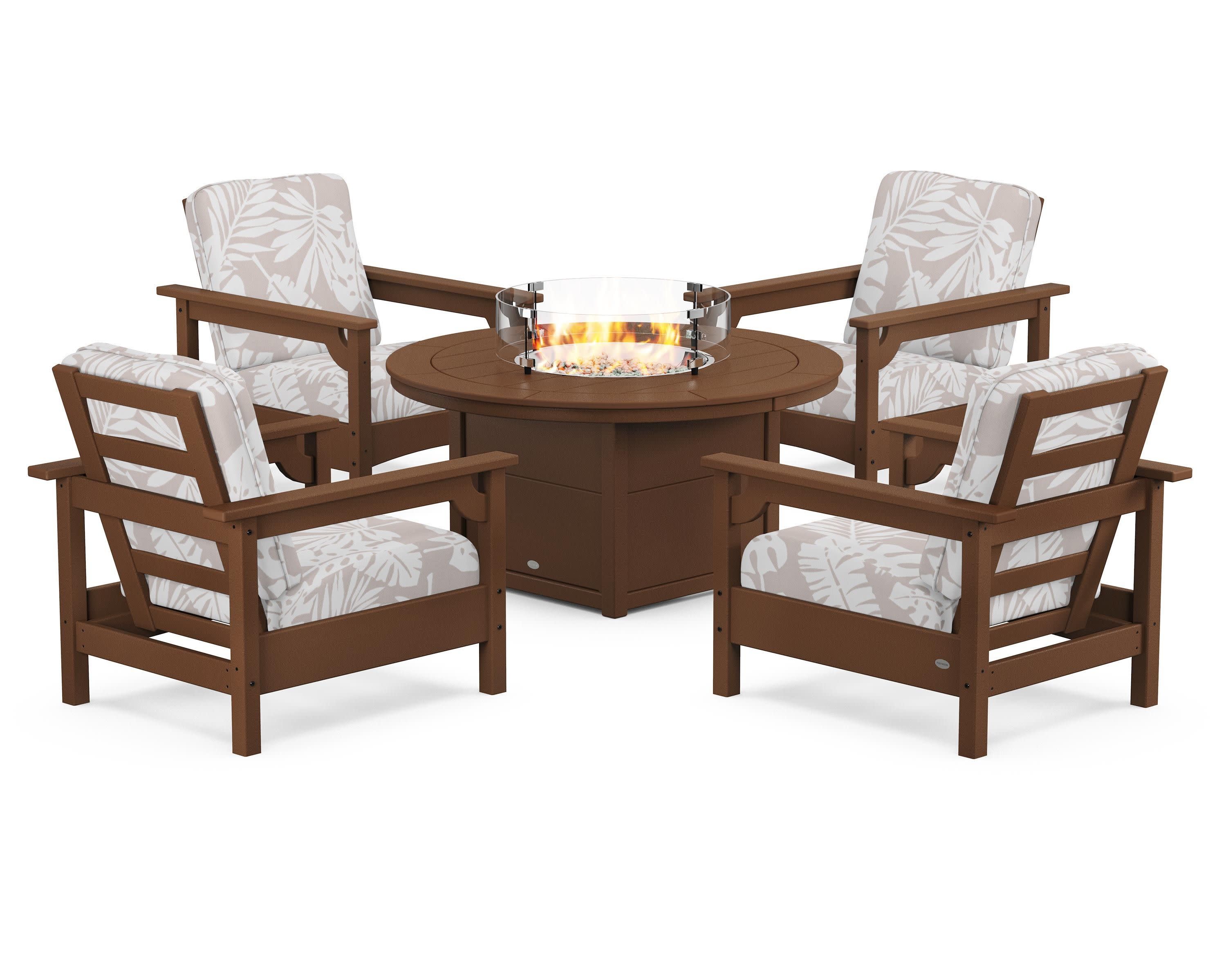 Club 5-Piece Conversation Set with Fire Pit Table in Teak / Leaf Dune Burlap
