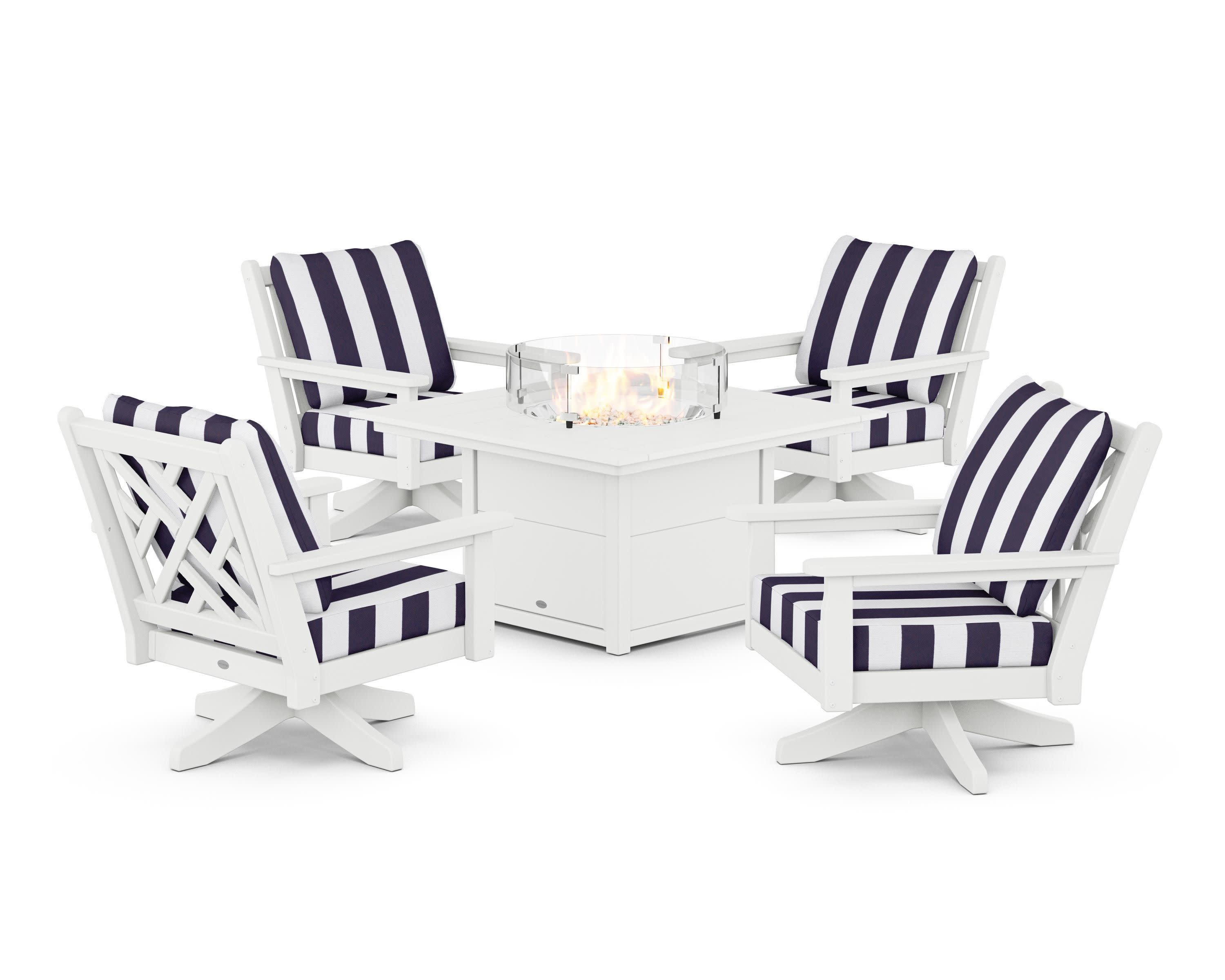 Chippendale 5-Piece Deep Seating Swivel Conversation Set with Fire Pit Table in White / Cabana Stripe Navy