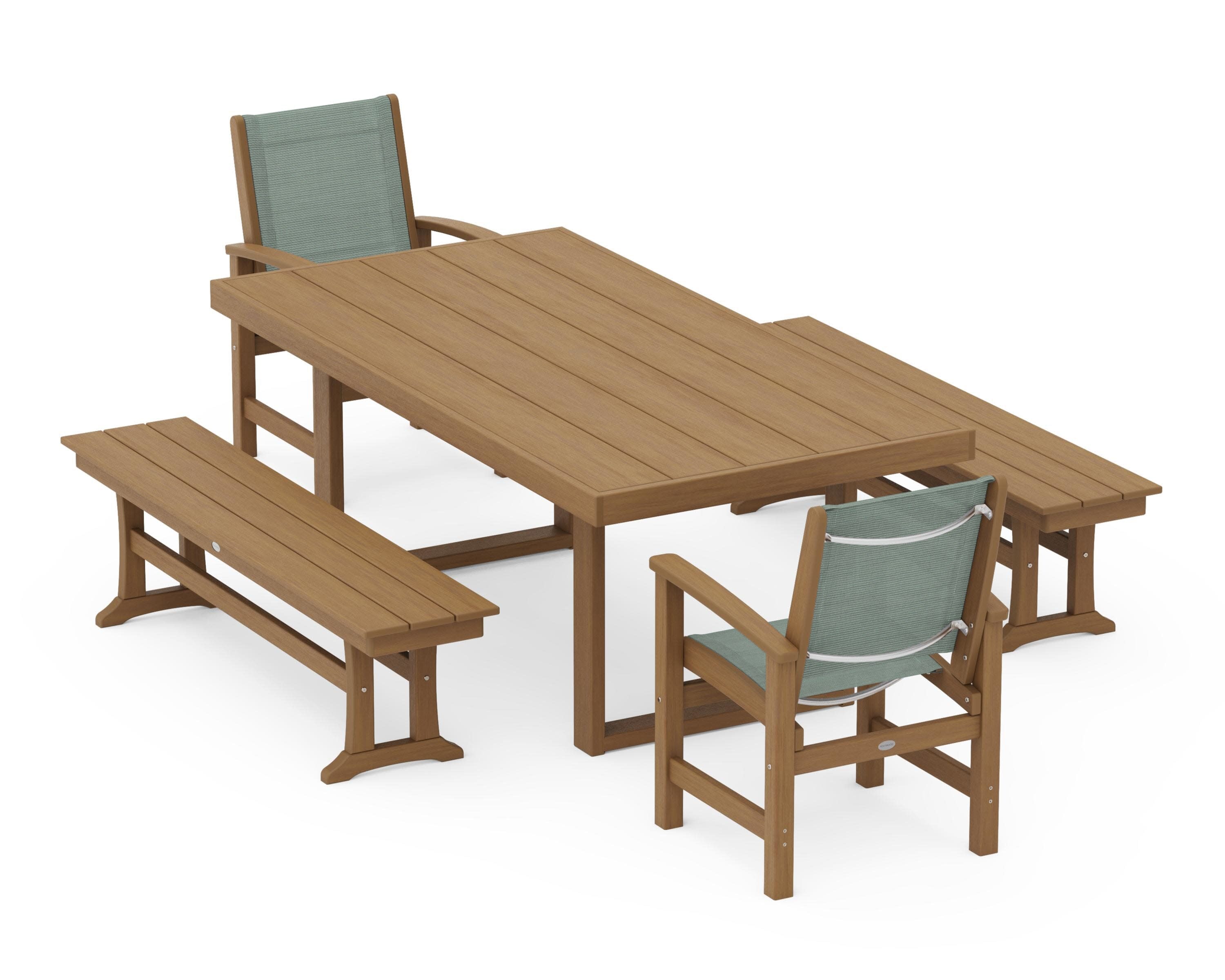 Coastal 5-Piece Dining Set with Trestle Legs in Natural / Dupioni Sea Mist Sling