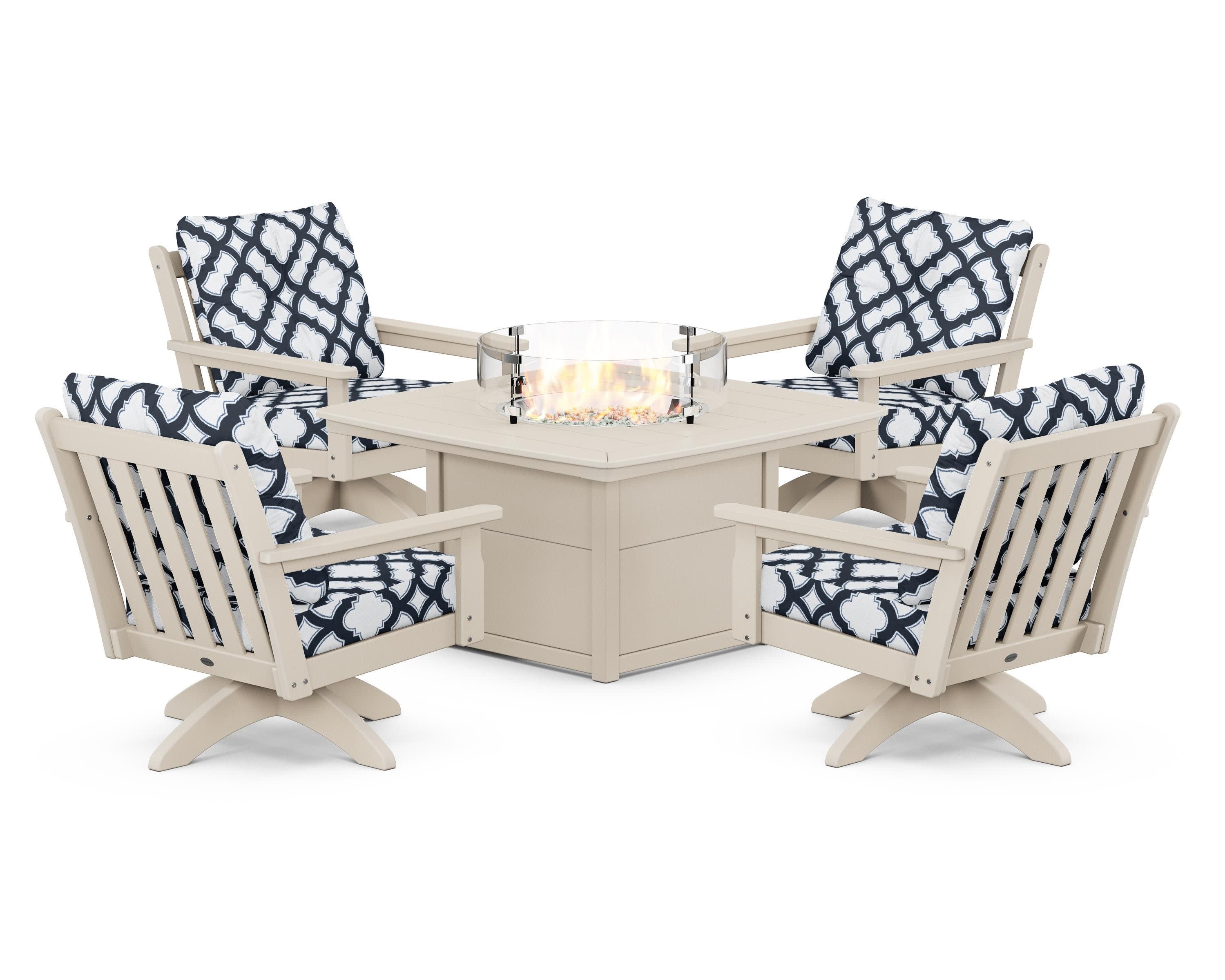 Vineyard 5-Piece Deep Seating Swivel Conversation Set with Fire Pit Table in Sand / Trellis Marine Indigo