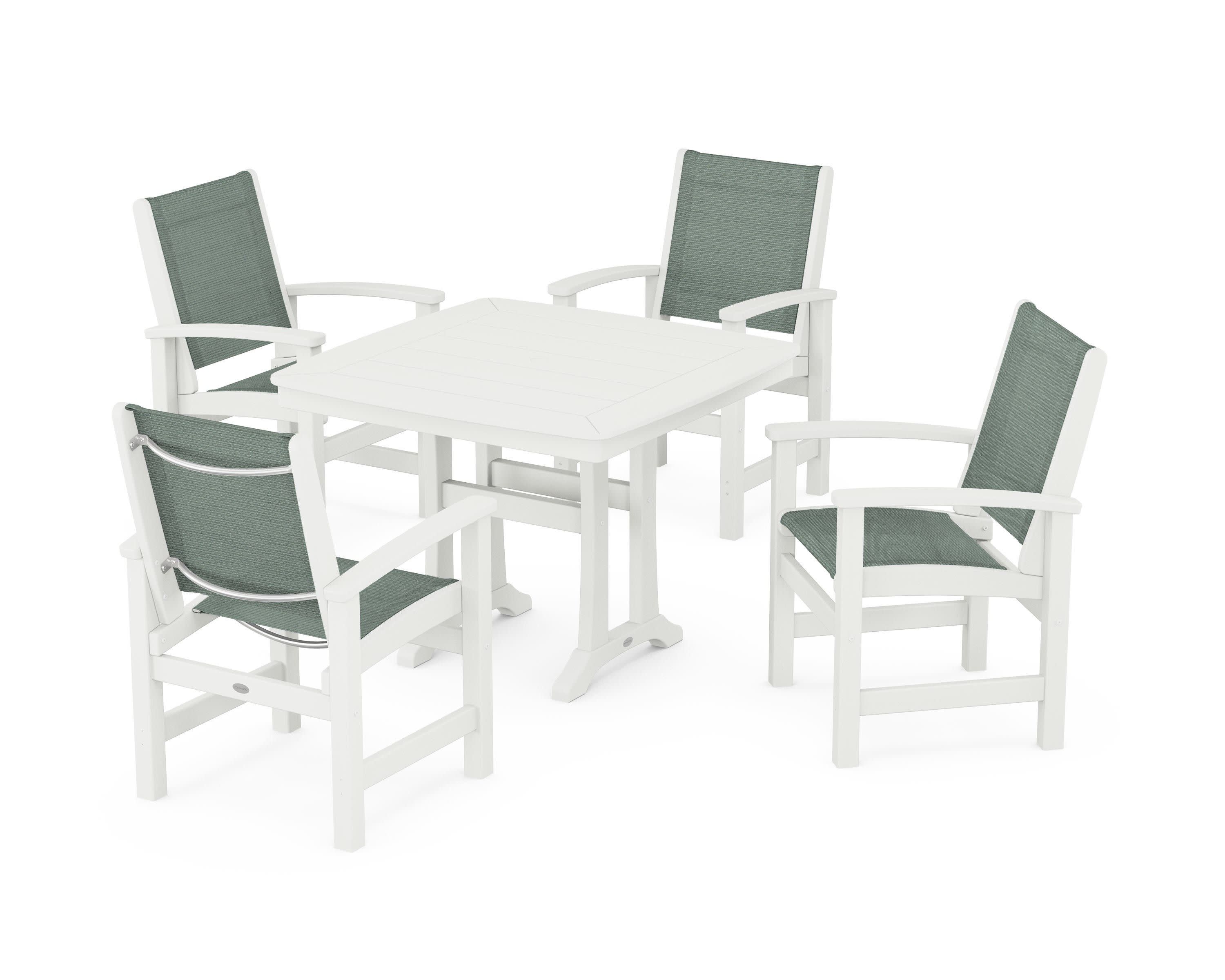 Coastal 5-Piece Dining Set with Trestle Legs in Vintage White / Dupioni Sea Mist Sling