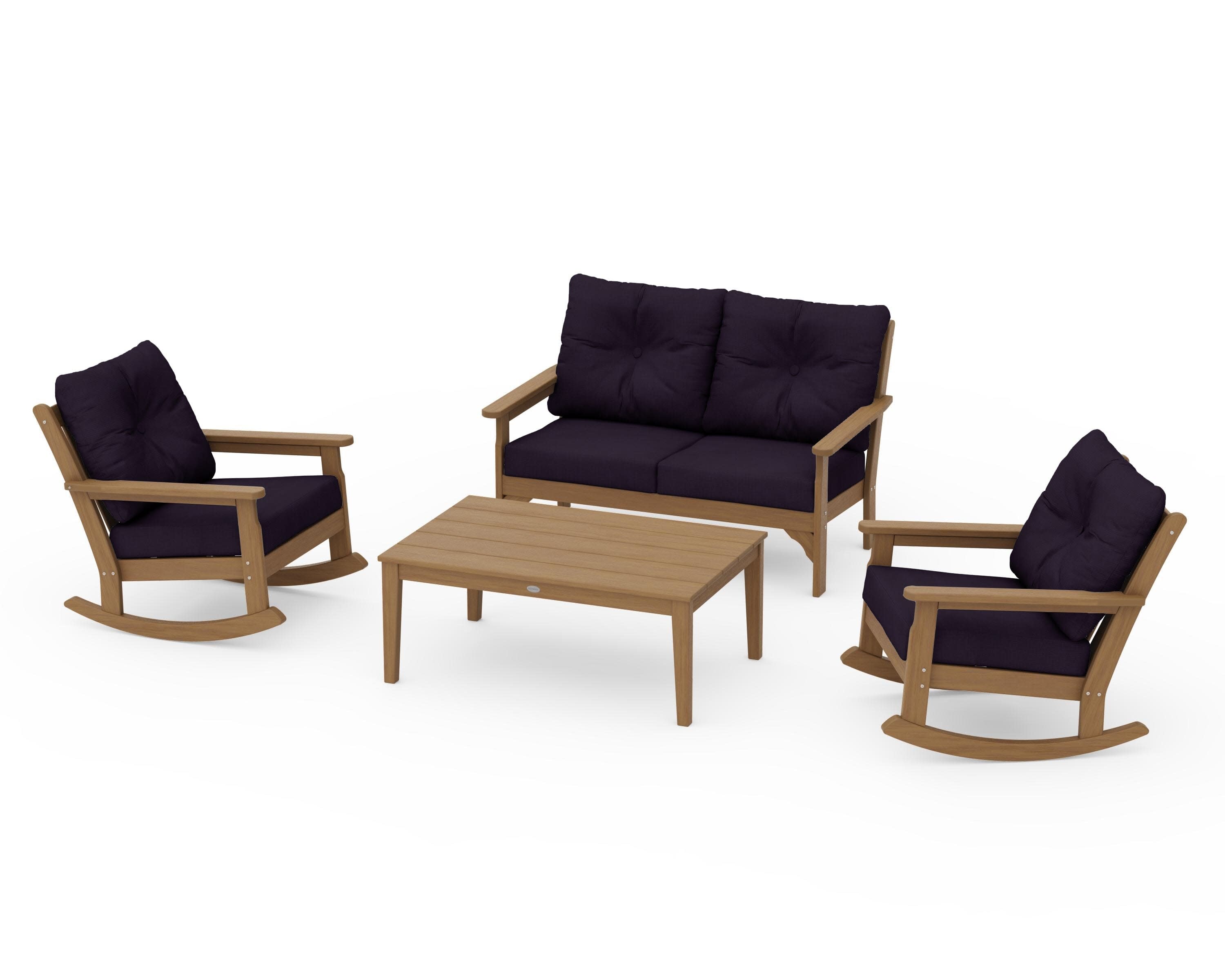 Vineyard 4-Piece Deep Seating Rocking Chair Set in Natural / Navy Linen