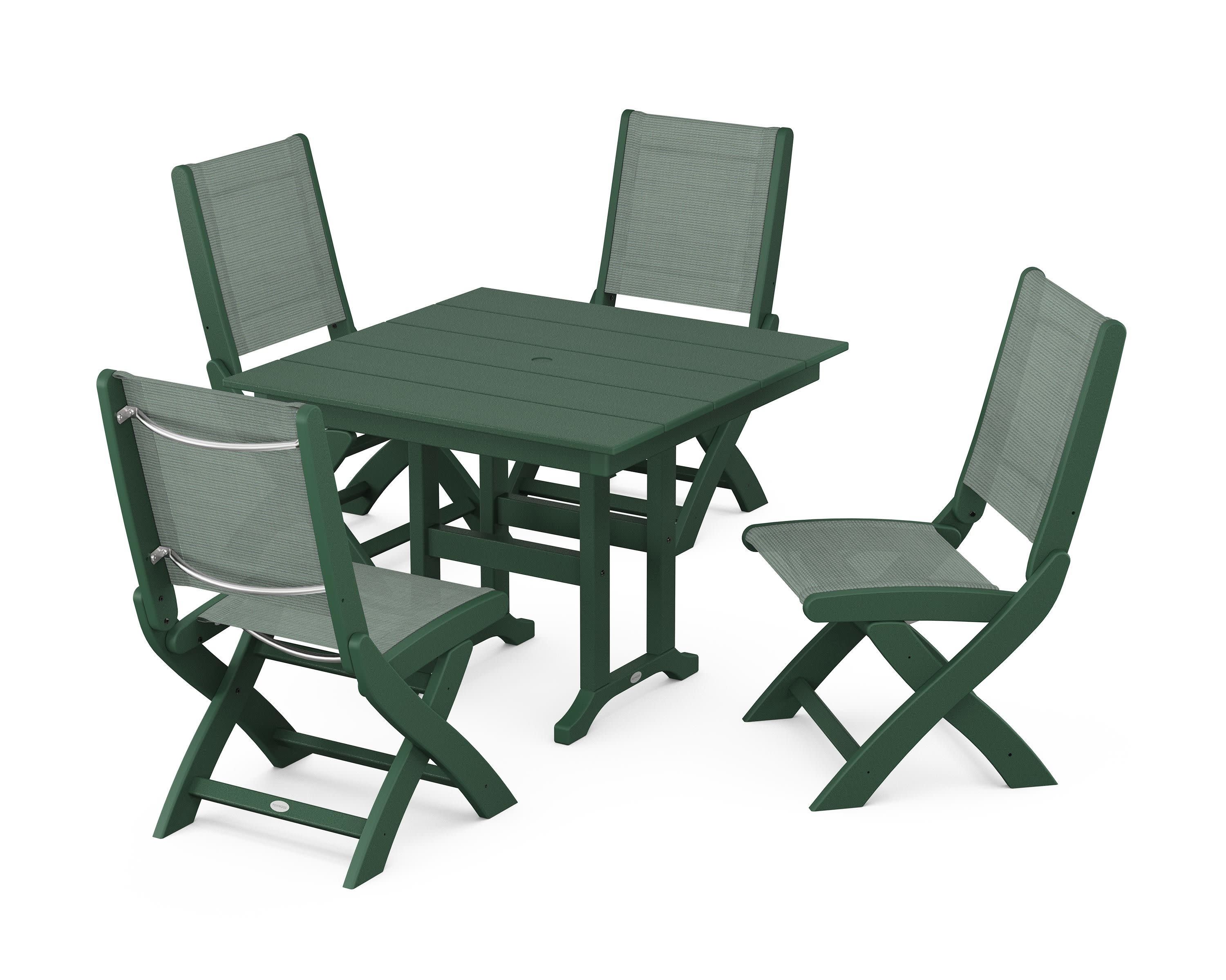 Coastal Folding Side Chair 5-Piece Farmhouse Dining Set in Green / Dupioni Sea Mist Sling