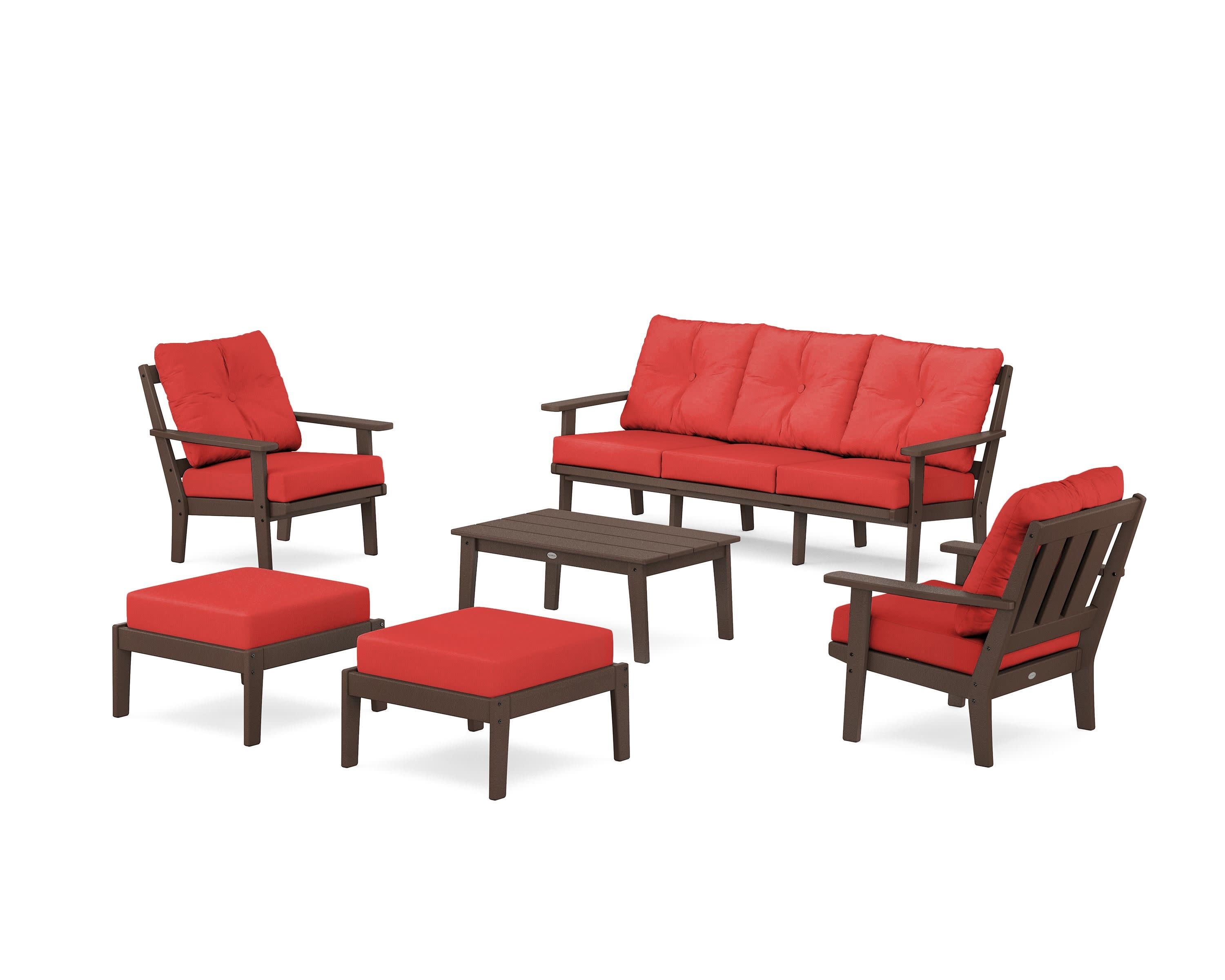 Oxford 6-Piece Lounge Sofa Set in Mahogany / Crimson Linen