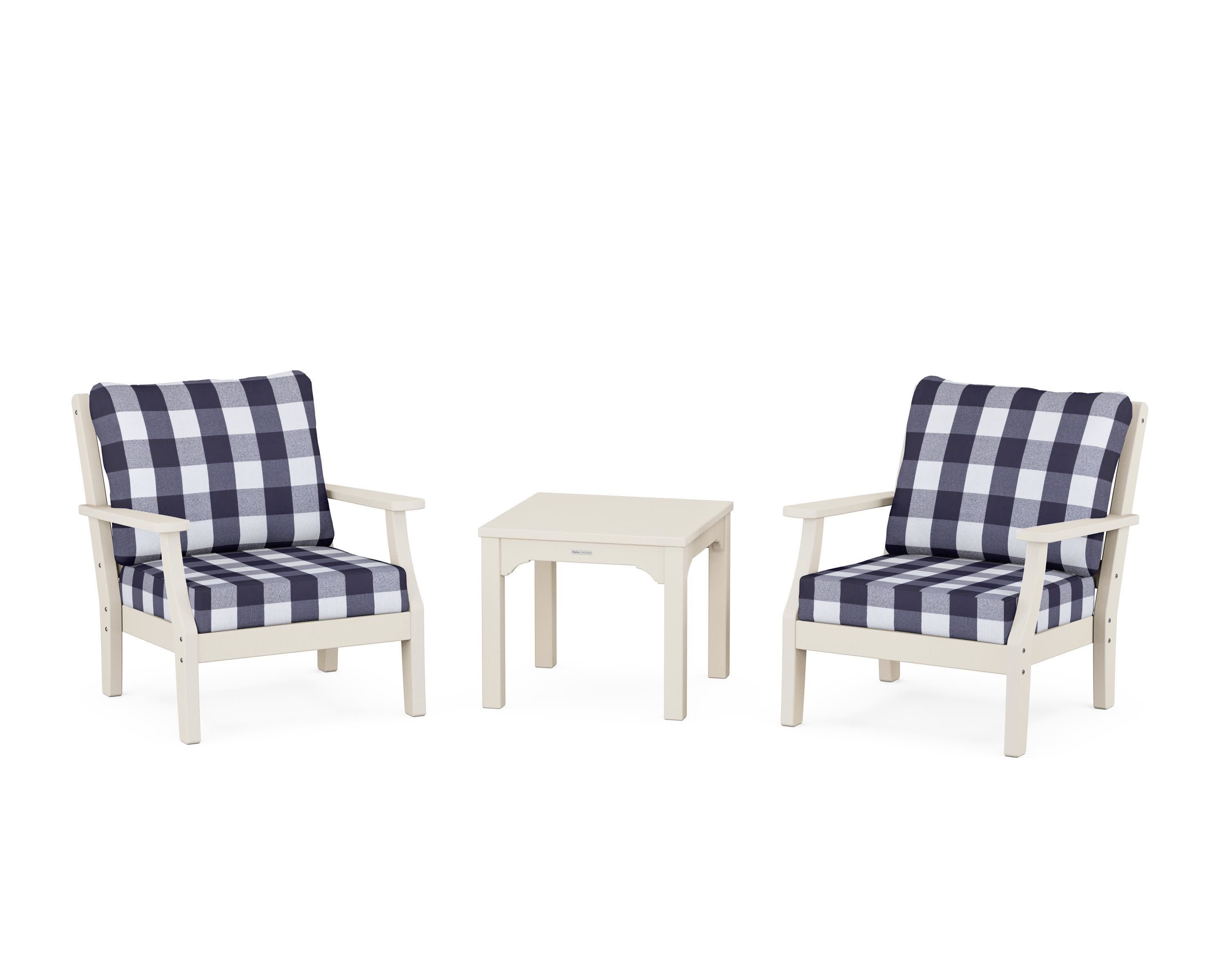 Chinoiserie 3-Piece Deep Seating Set in Sand / Buffalo Plaid Navy