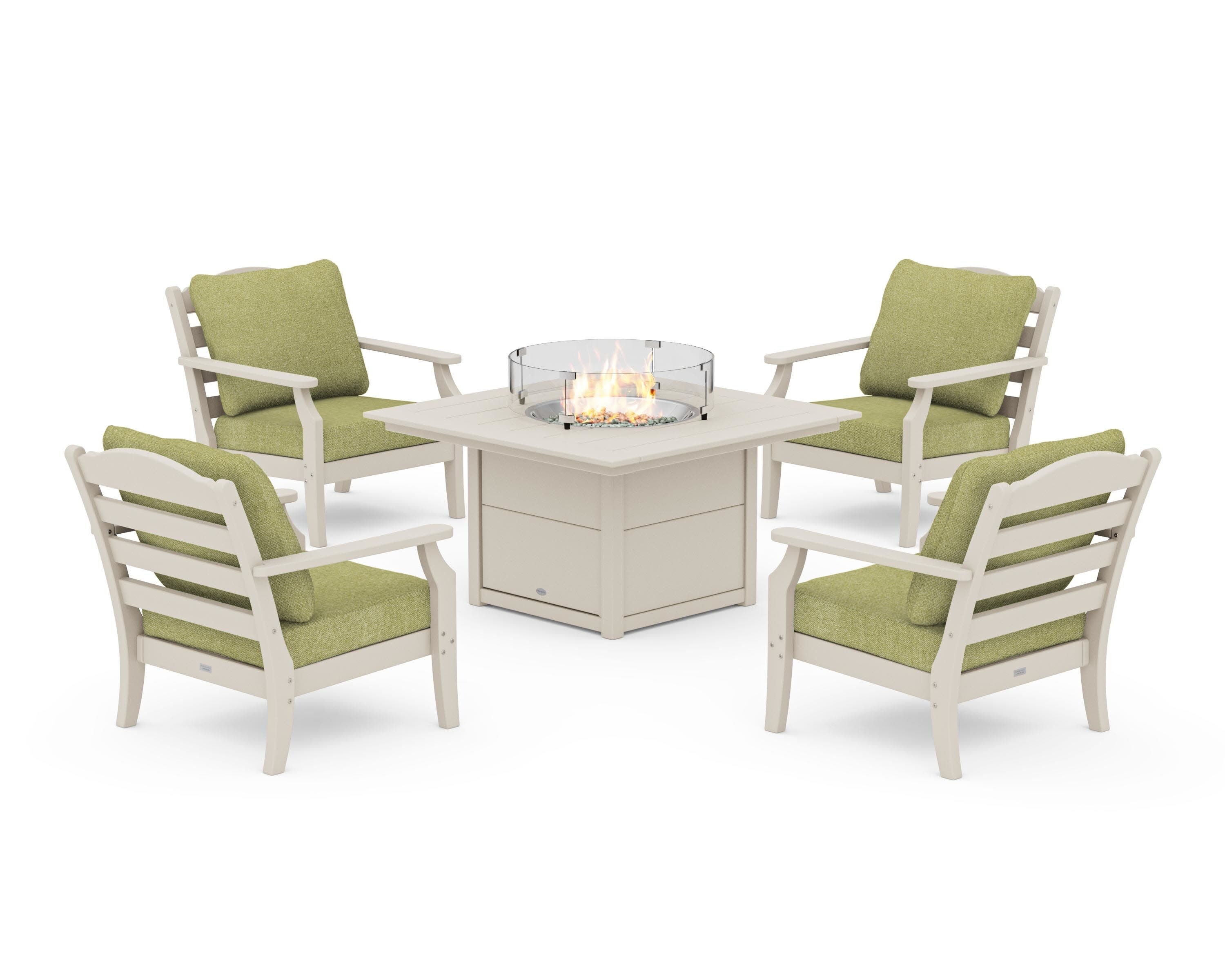 Savannah 5-Piece Deep Seating Set with Fire Pit Table in Sand / Chartreuse Boucle