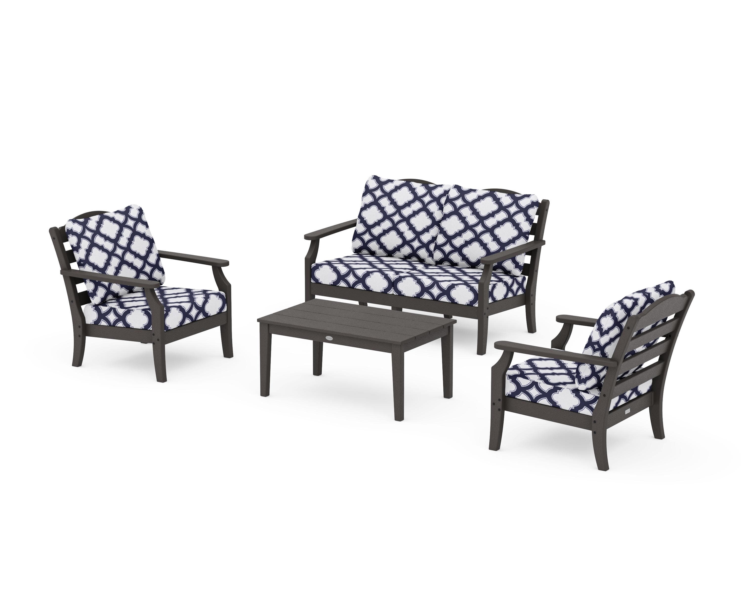 Savannah 4-Piece Deep Seating Set with Loveseat in Vintage Coffee / Trellis Navy
