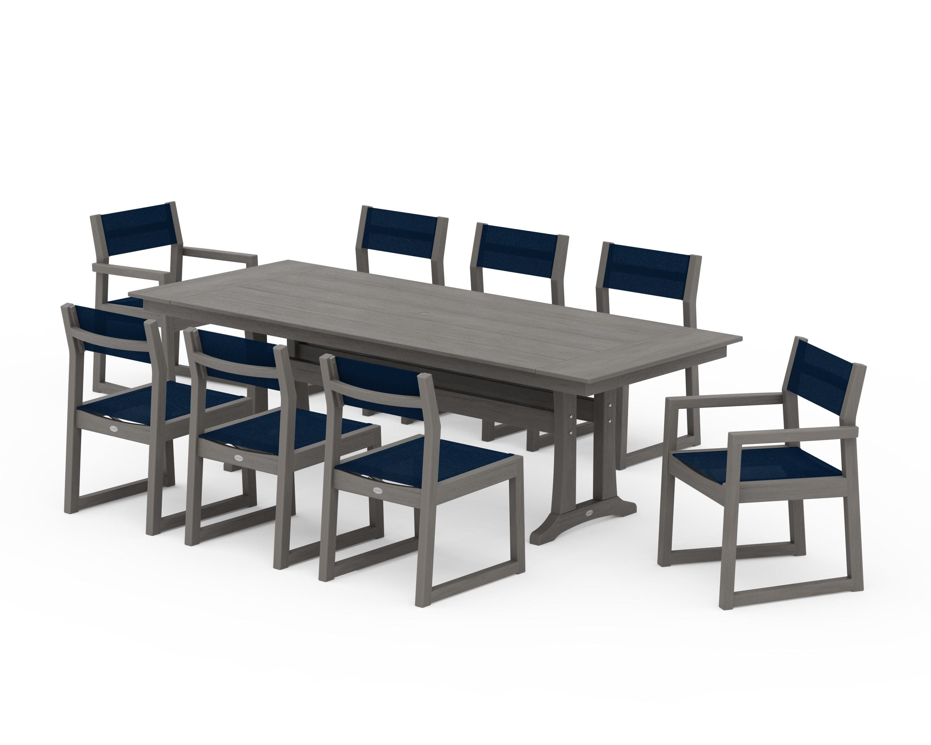 EDGE Sling 9-Piece Farmhouse Trestle Dining Set in Driftwood / Navy Blue Sling
