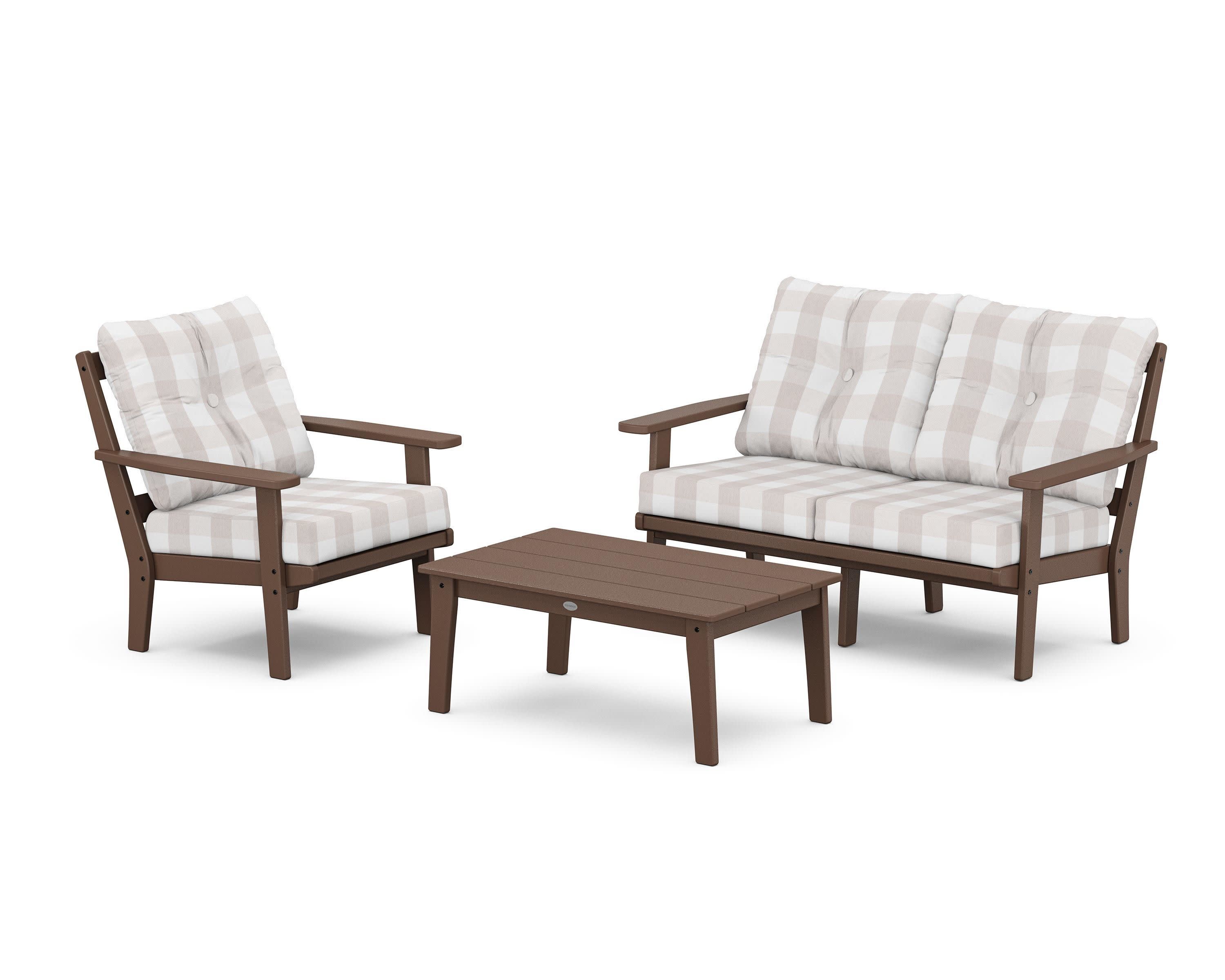 Oxford 3-Piece Deep Seating Set with Loveseat in Mahogany / Buffalo Plaid Dune Burlap
