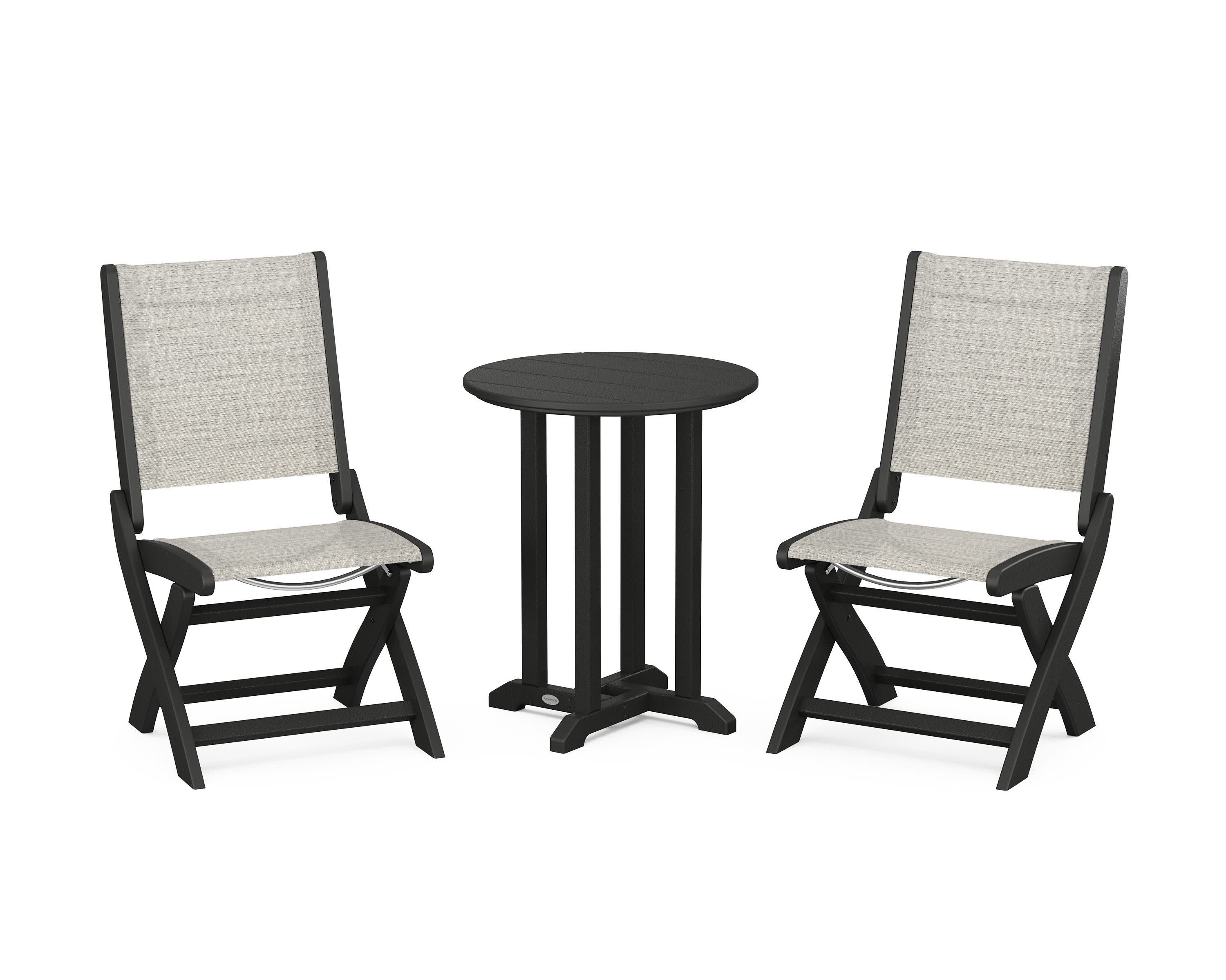 Coastal Folding Side Chair 3-Piece Round Bistro Dining Set in Black / Birch Sling