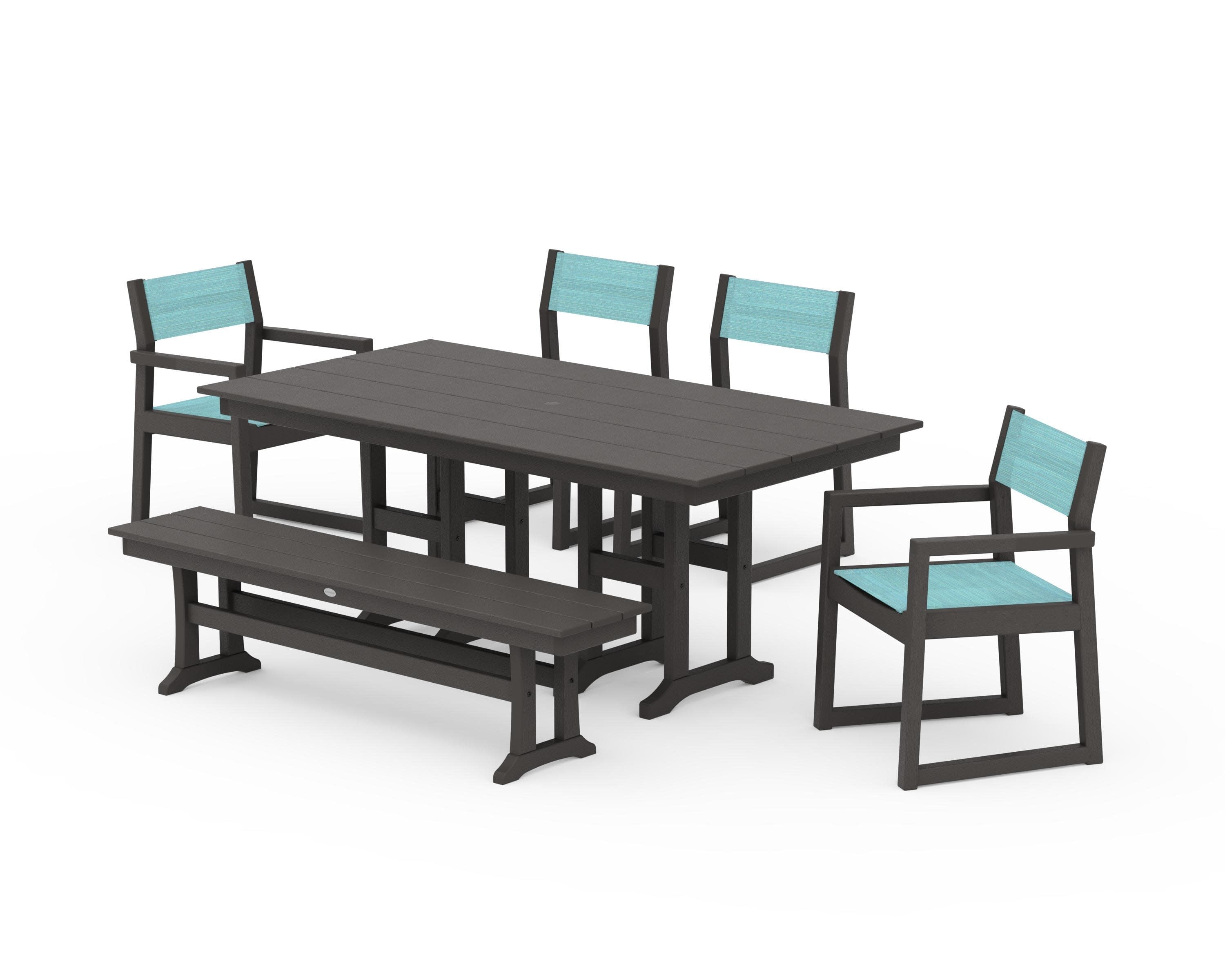 EDGE Sling 6-Piece Farmhouse Dining Set in Vintage Coffee / Dupioni Aquamarine Sling