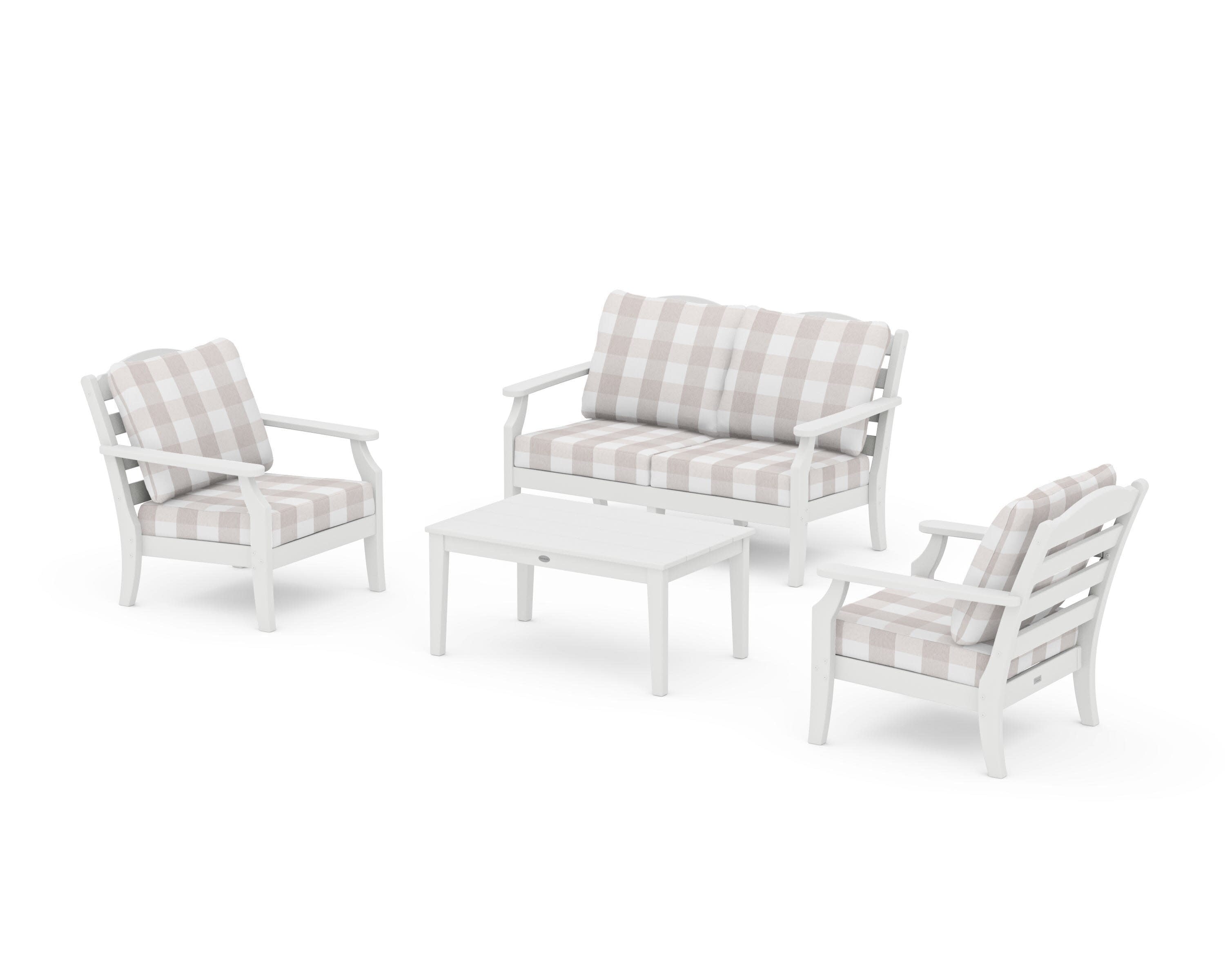 Savannah 4-Piece Deep Seating Set with Loveseat in White / Buffalo Plaid Dune Burlap