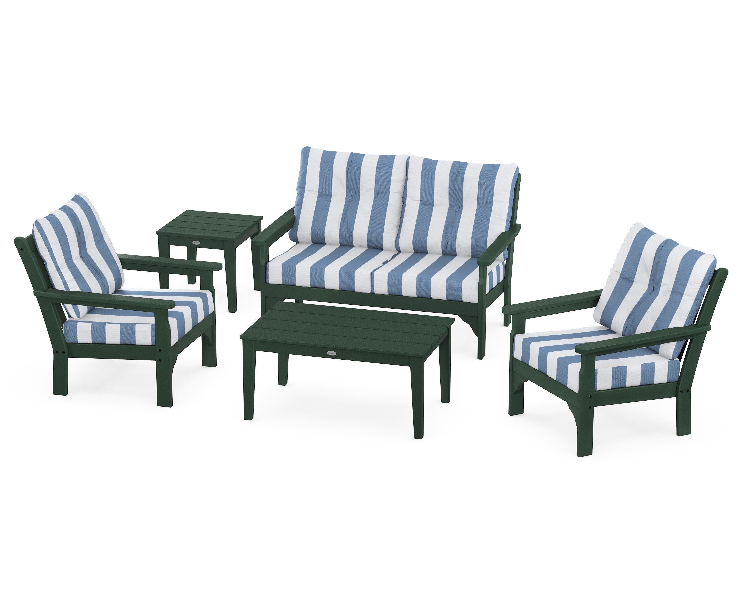 Vineyard 5-Piece Deep Seating Set in Green / Cabana Stripe Sky Blue