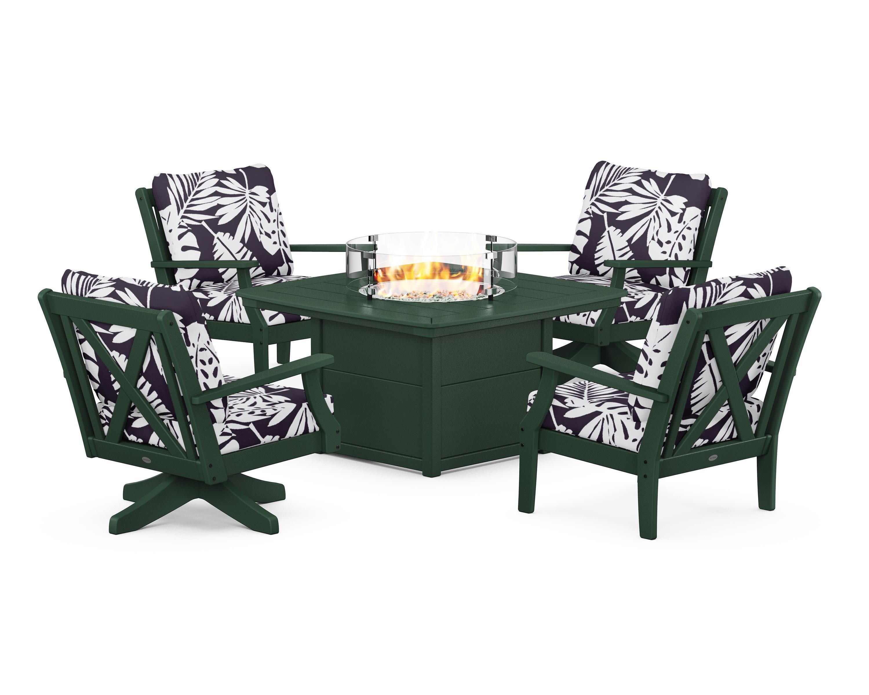 Braxton 5-Piece Deep Seating Set with Fire Table in Green / Leaf Navy