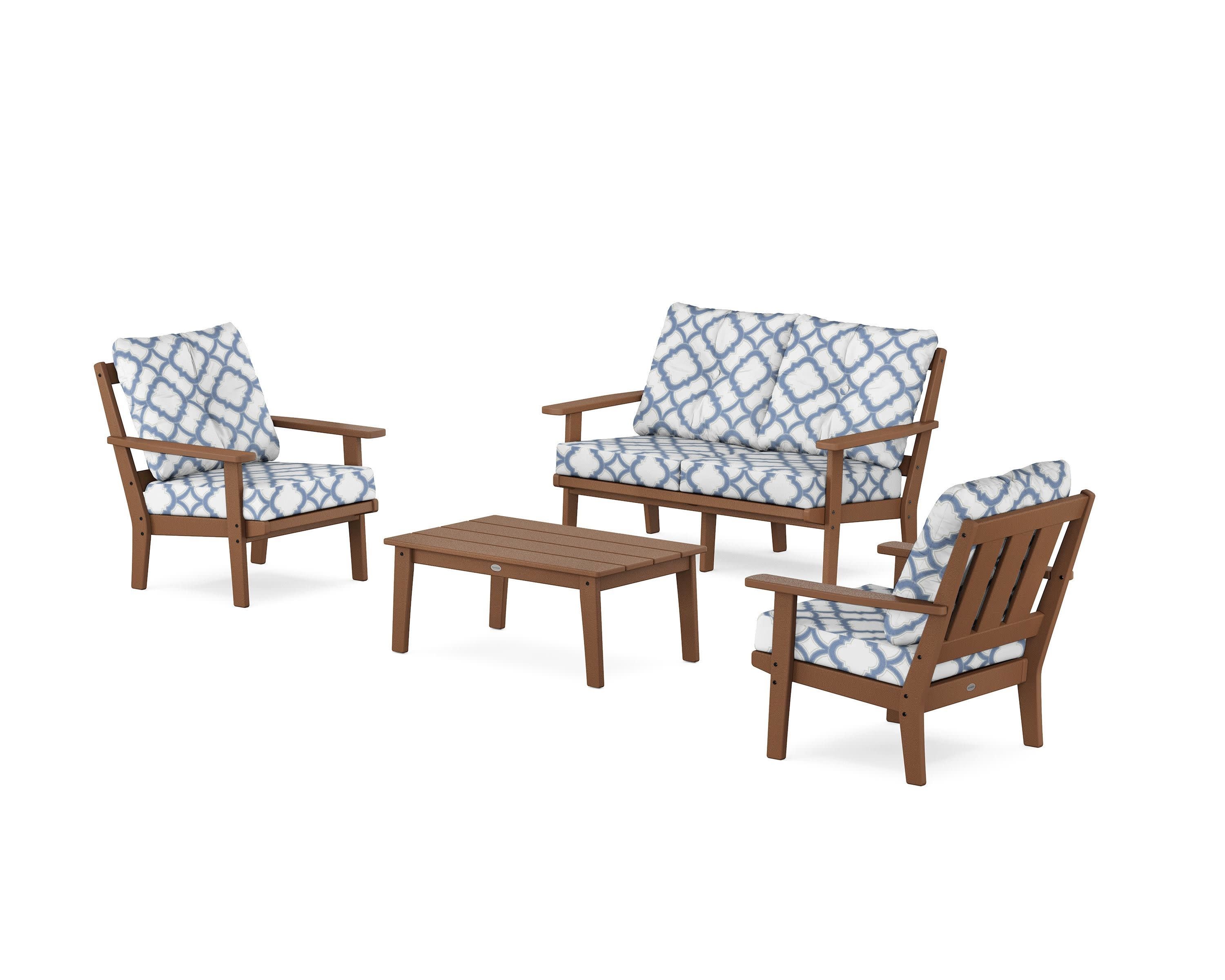 Oxford 4-Piece Deep Seating Set with Loveseat in Teak / Trellis Sky Blue