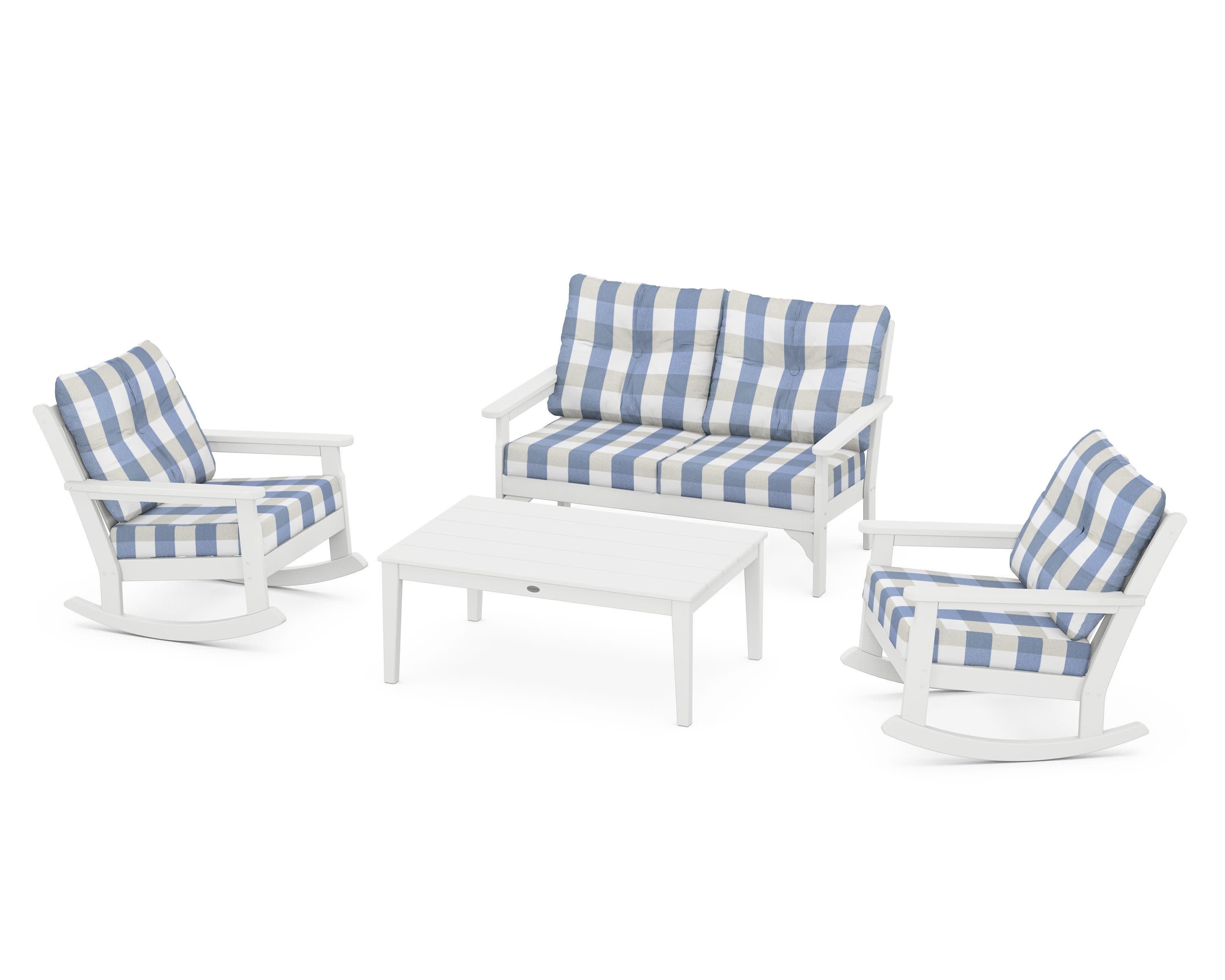 Vineyard 4-Piece Deep Seating Rocking Chair Set in White / Buffalo Plaid Sky Blue