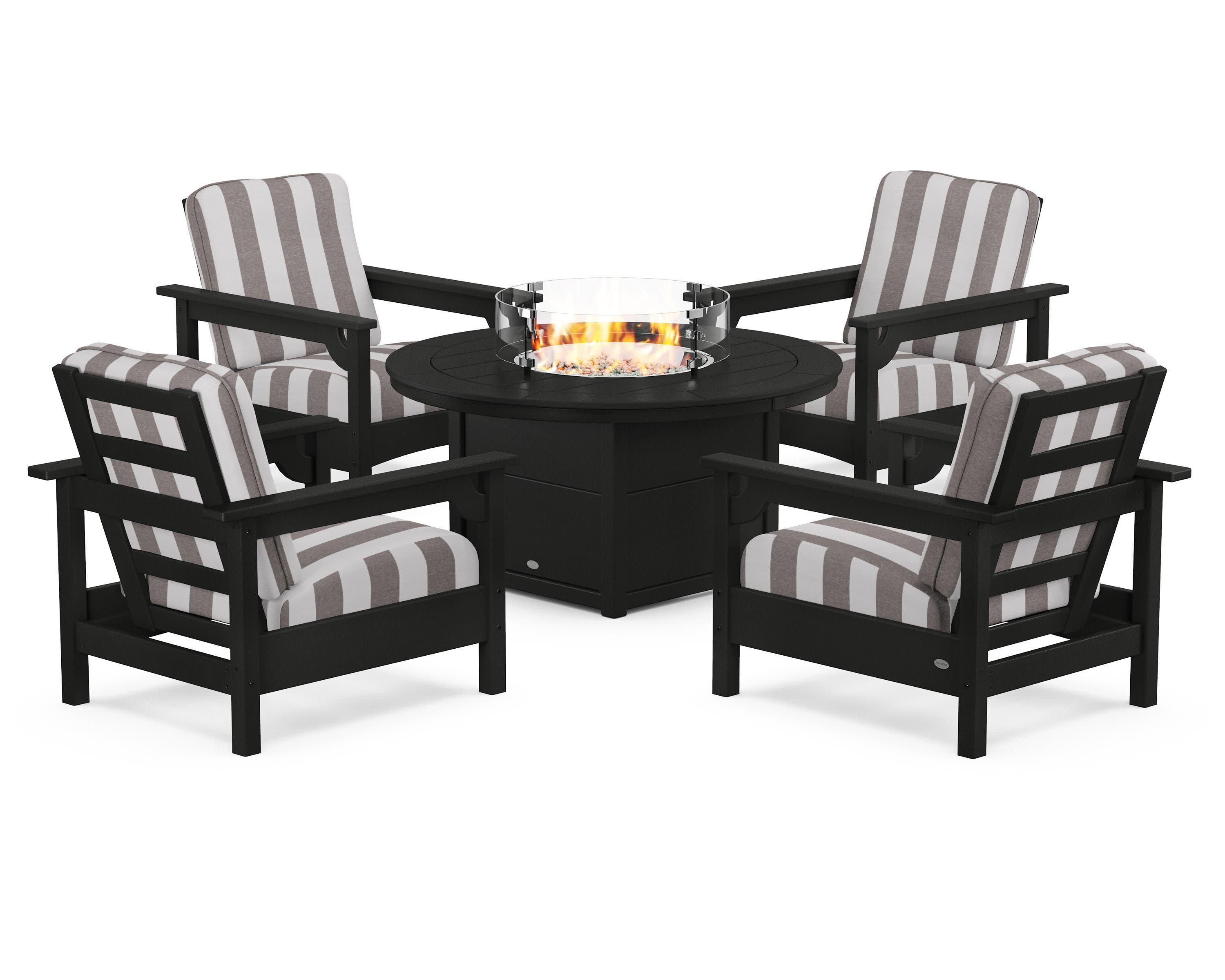 Club 5-Piece Conversation Set with Fire Pit Table in Black / Cabana Stripe Grey Mist