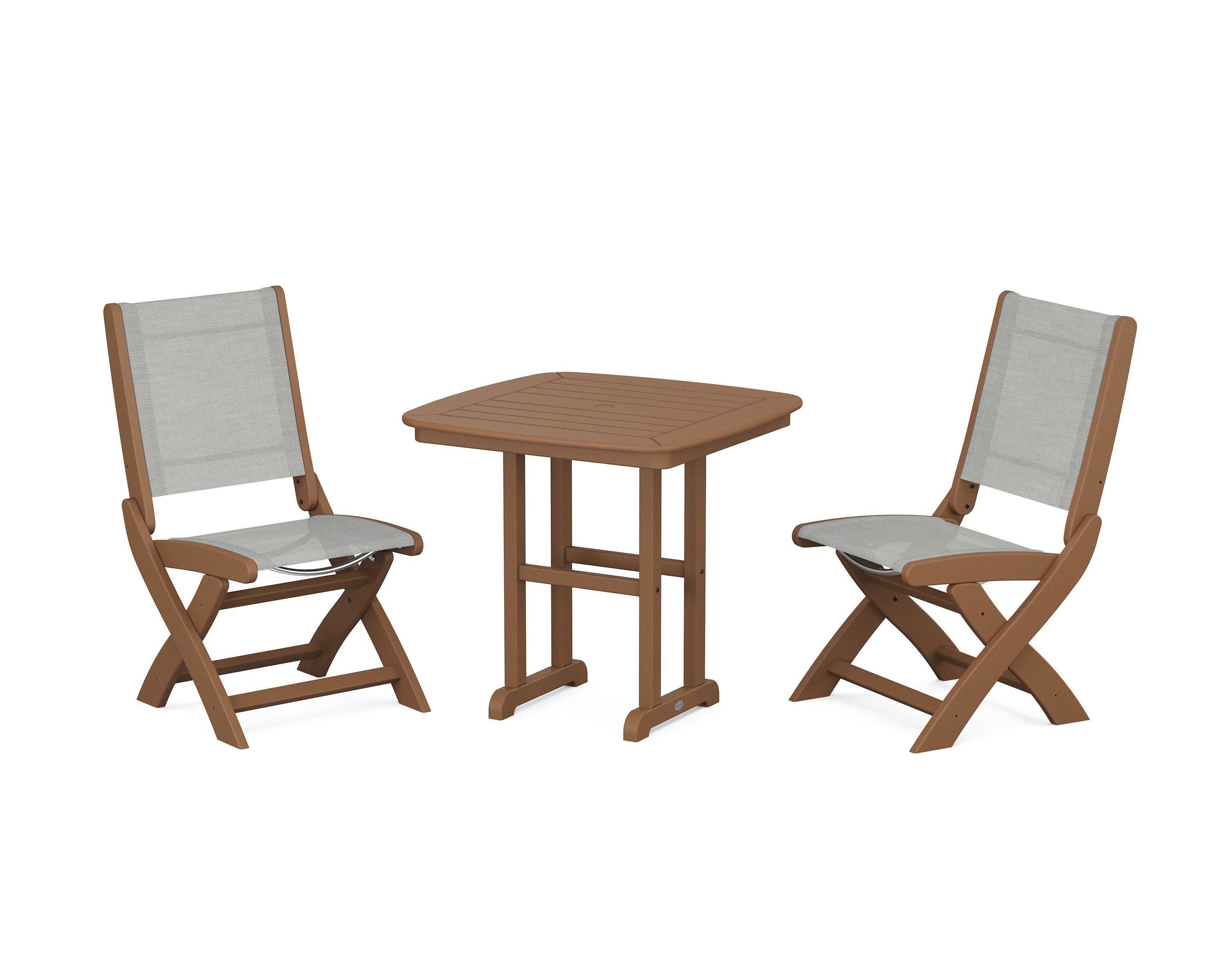 Coastal Folding Side Chair 3-Piece Dining Set in Teak / Metallic Sling