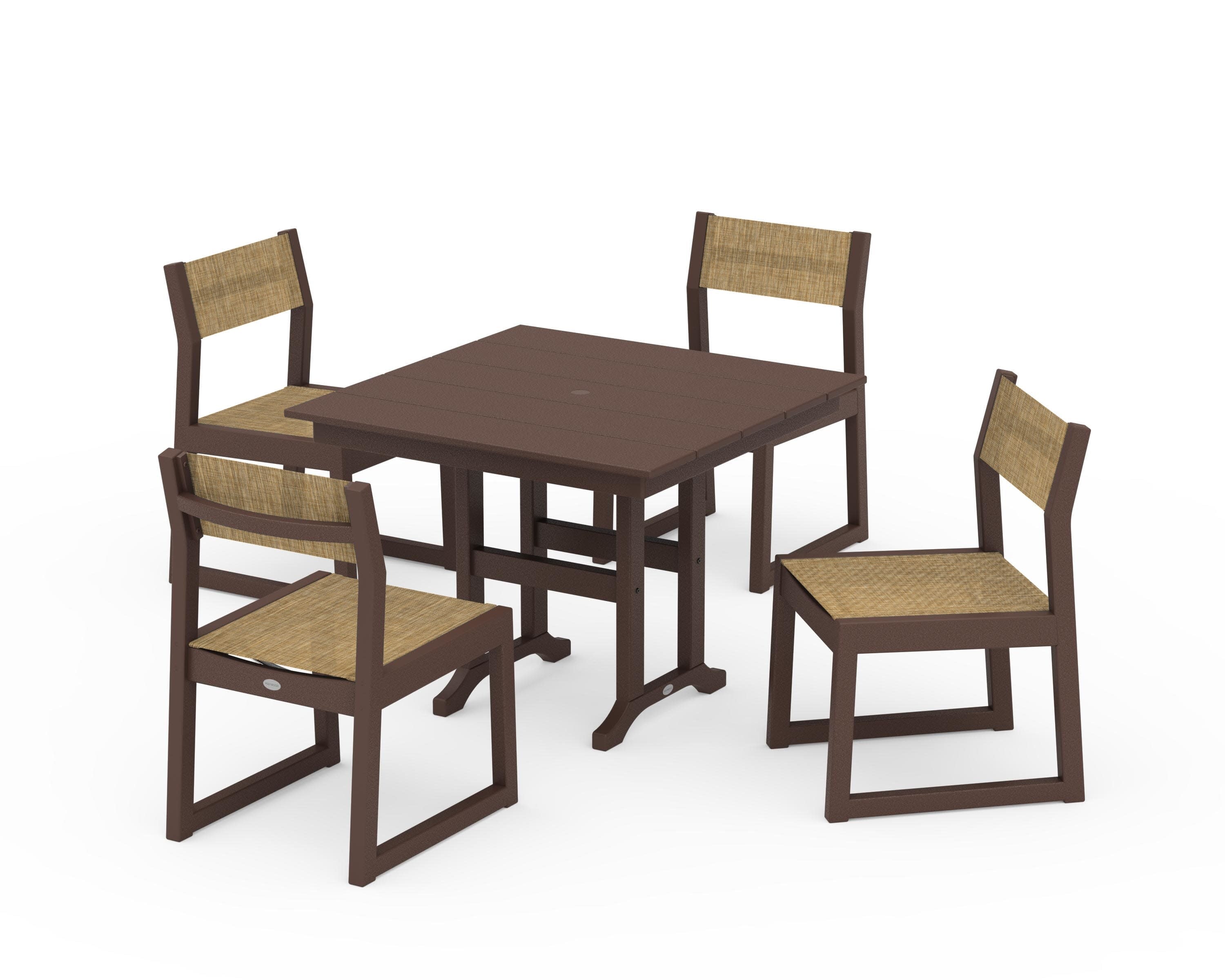 EDGE Sling Side Chair 5-Piece Farmhouse Dining Set in Mahogany / Burlap Sling