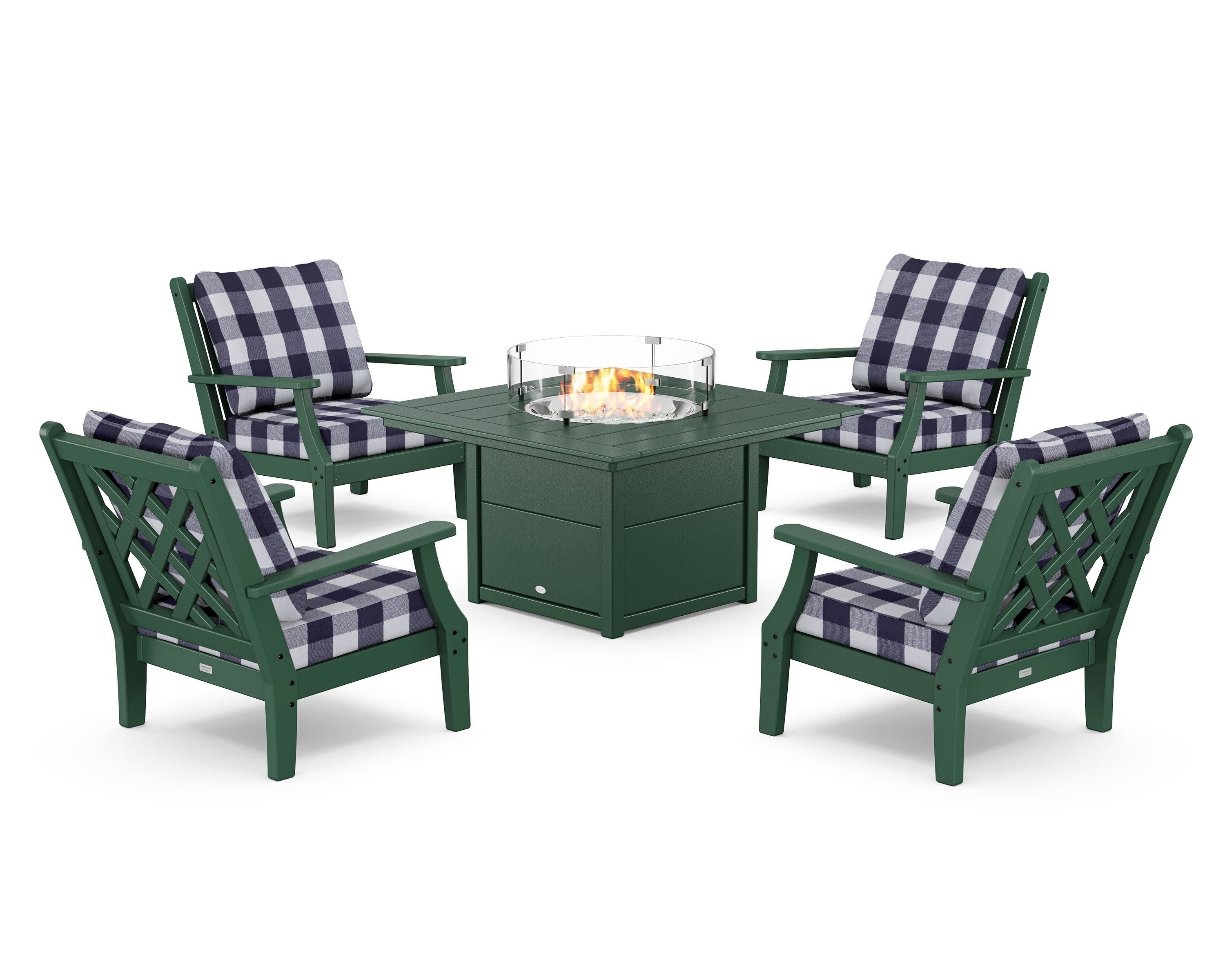 Wovendale 5-Piece Deep Seating Set with Fire Pit Table in Green / Buffalo Plaid Navy