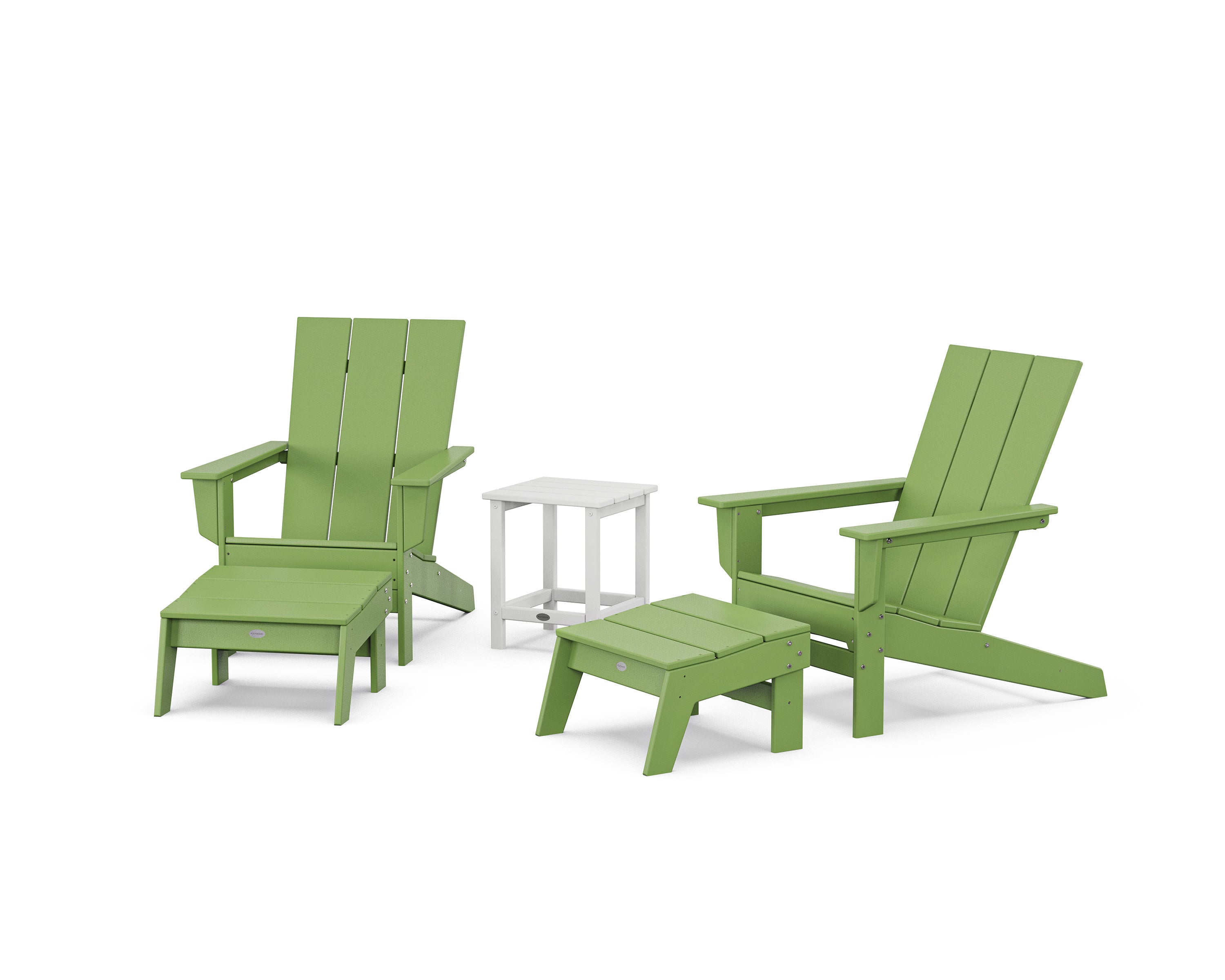 5-Piece Modern Studio Adirondack Set with Ottomans and Side Table in Lime / White
