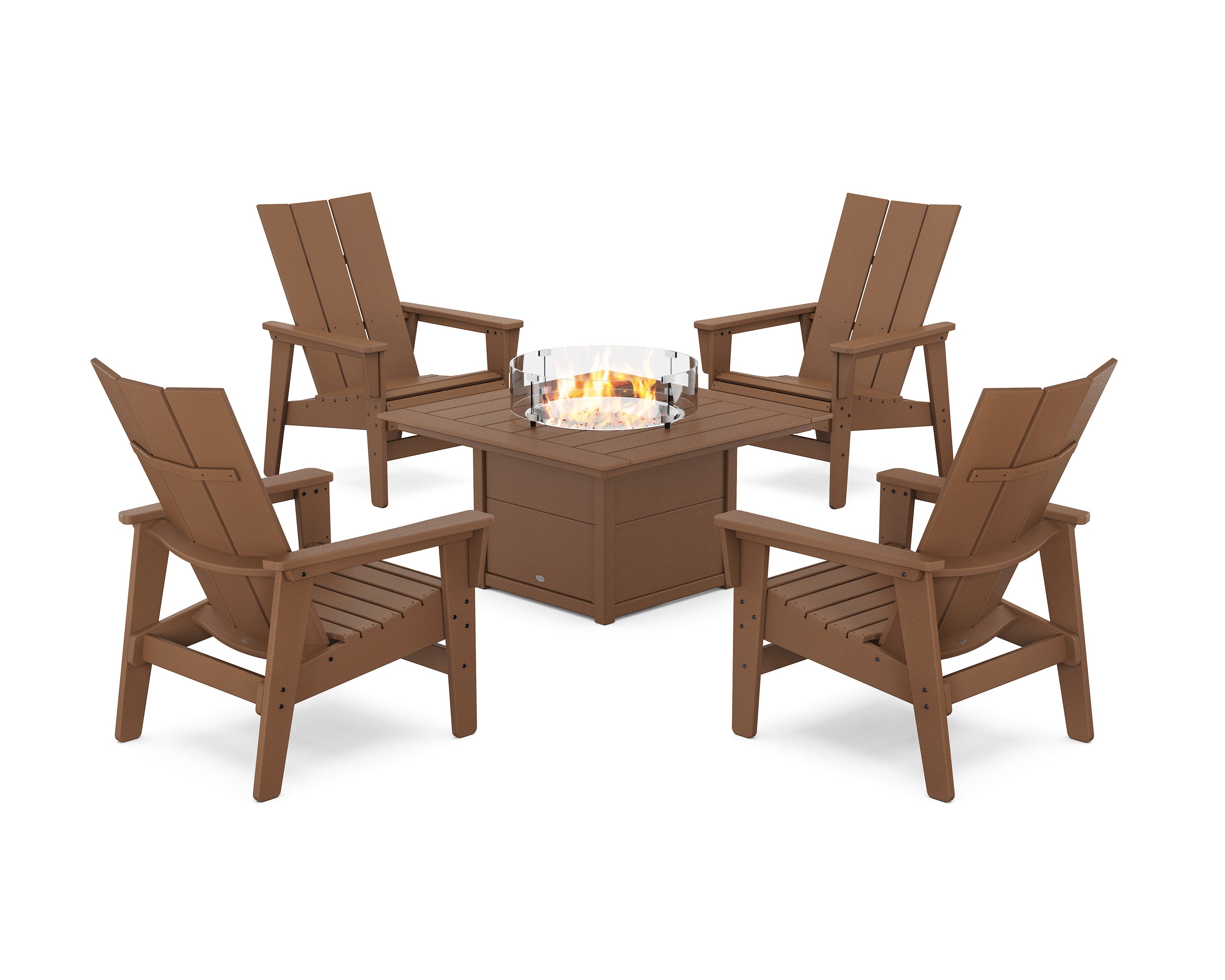 5-Piece Modern Grand Upright Adirondack Conversation Set with Fire Pit Table in Teak