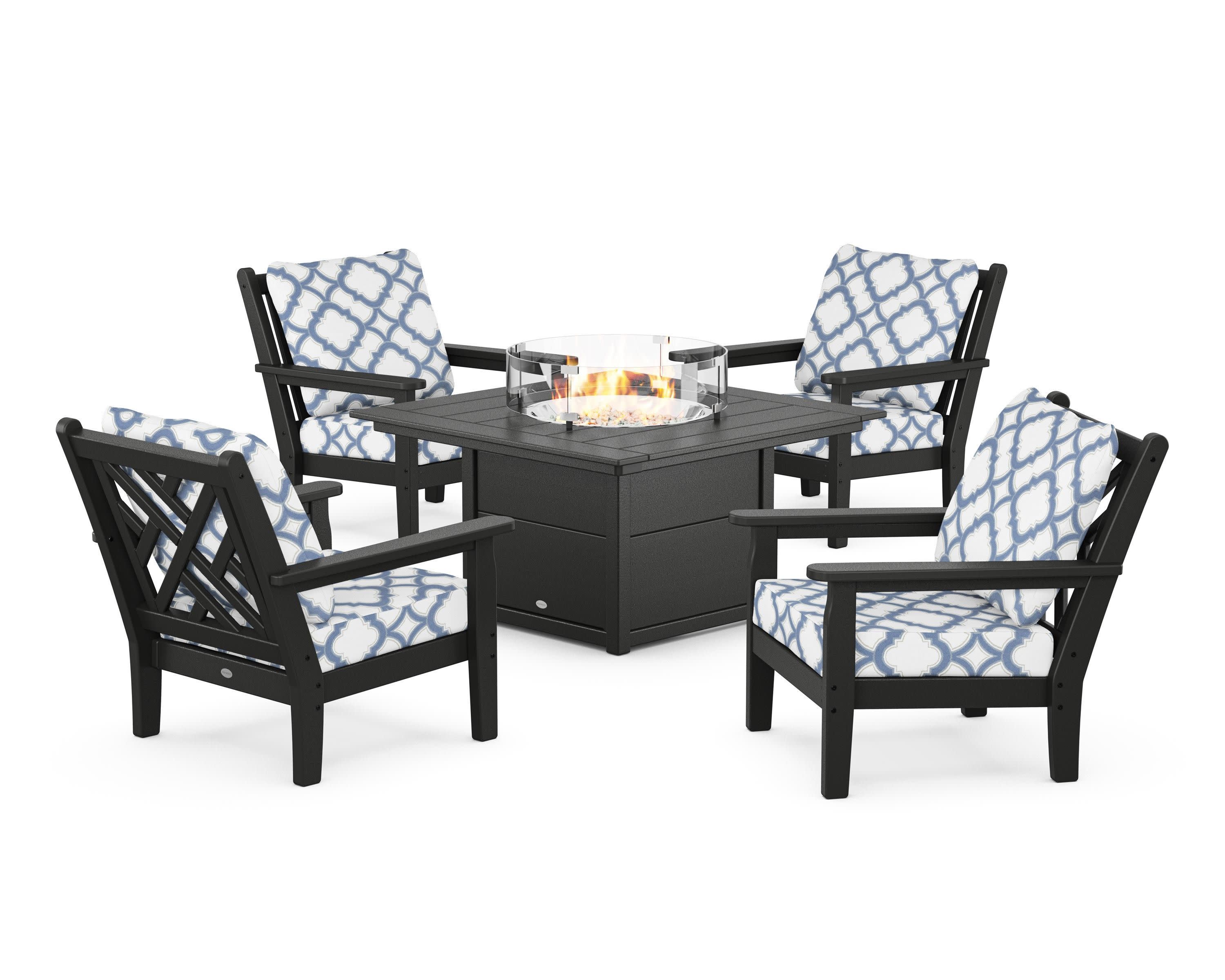 Chippendale 5-Piece Deep Seating Set with Fire Pit Table in Black / Trellis Sky Blue
