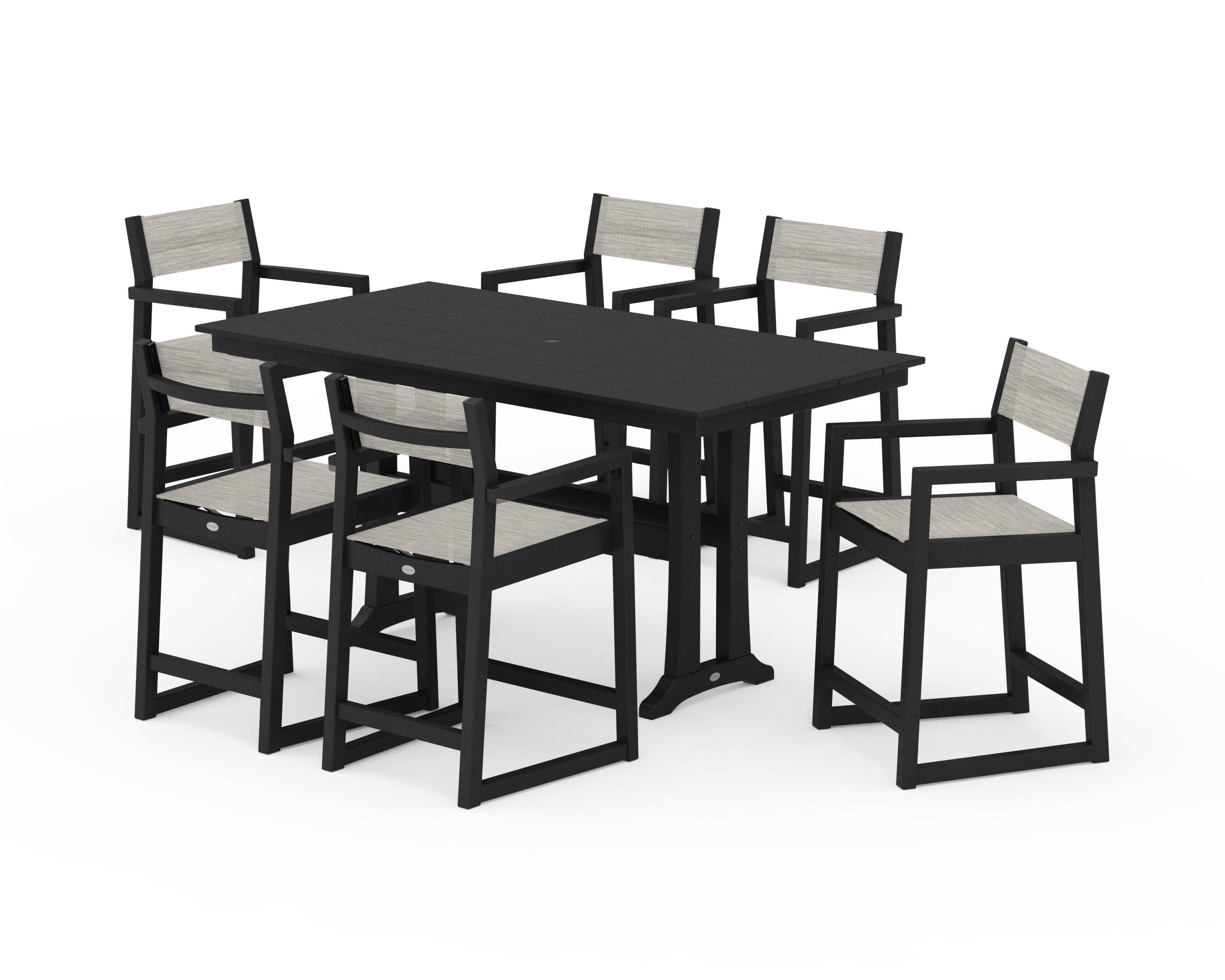 EDGE Sling Arm Chair 7-Piece Farmhouse Counter Set with Trestle Legs in Black / Birch Sling