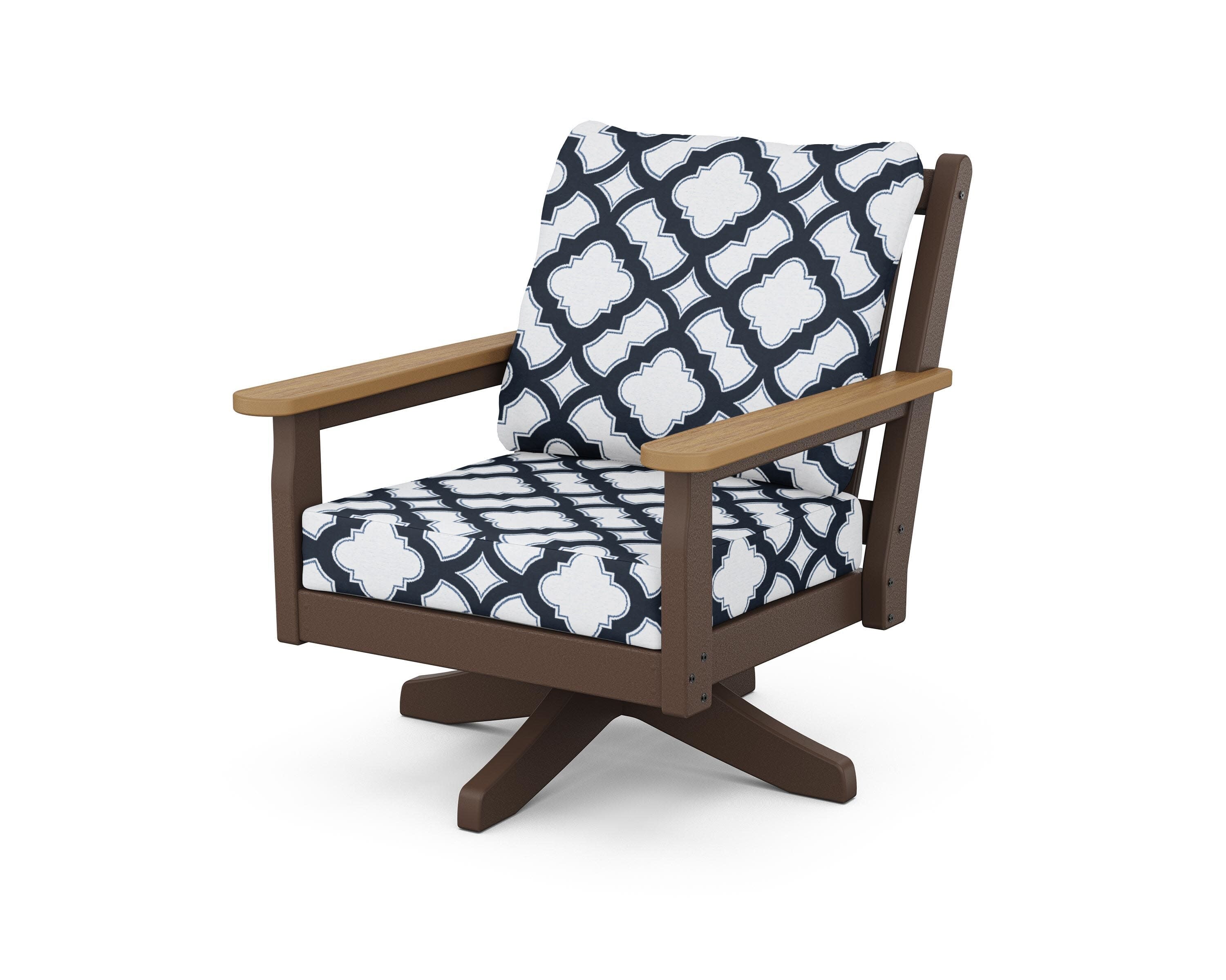 Chippendale Deep Seating Swivel Chair in Mahogany / Natural / Trellis Marine Indigo