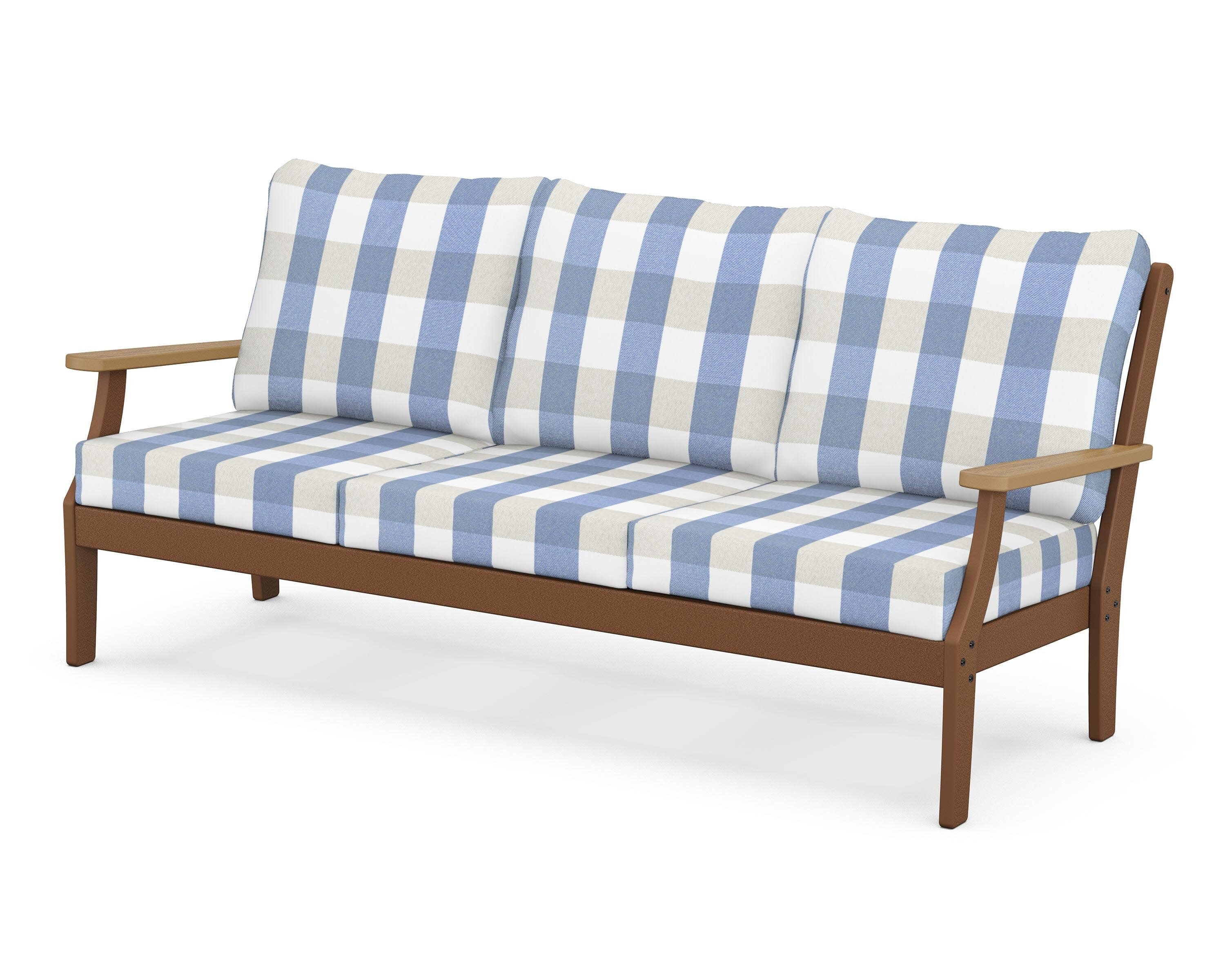 Braxton Deep Seating Sofa in Teak / Natural / Buffalo Plaid Sky Blue