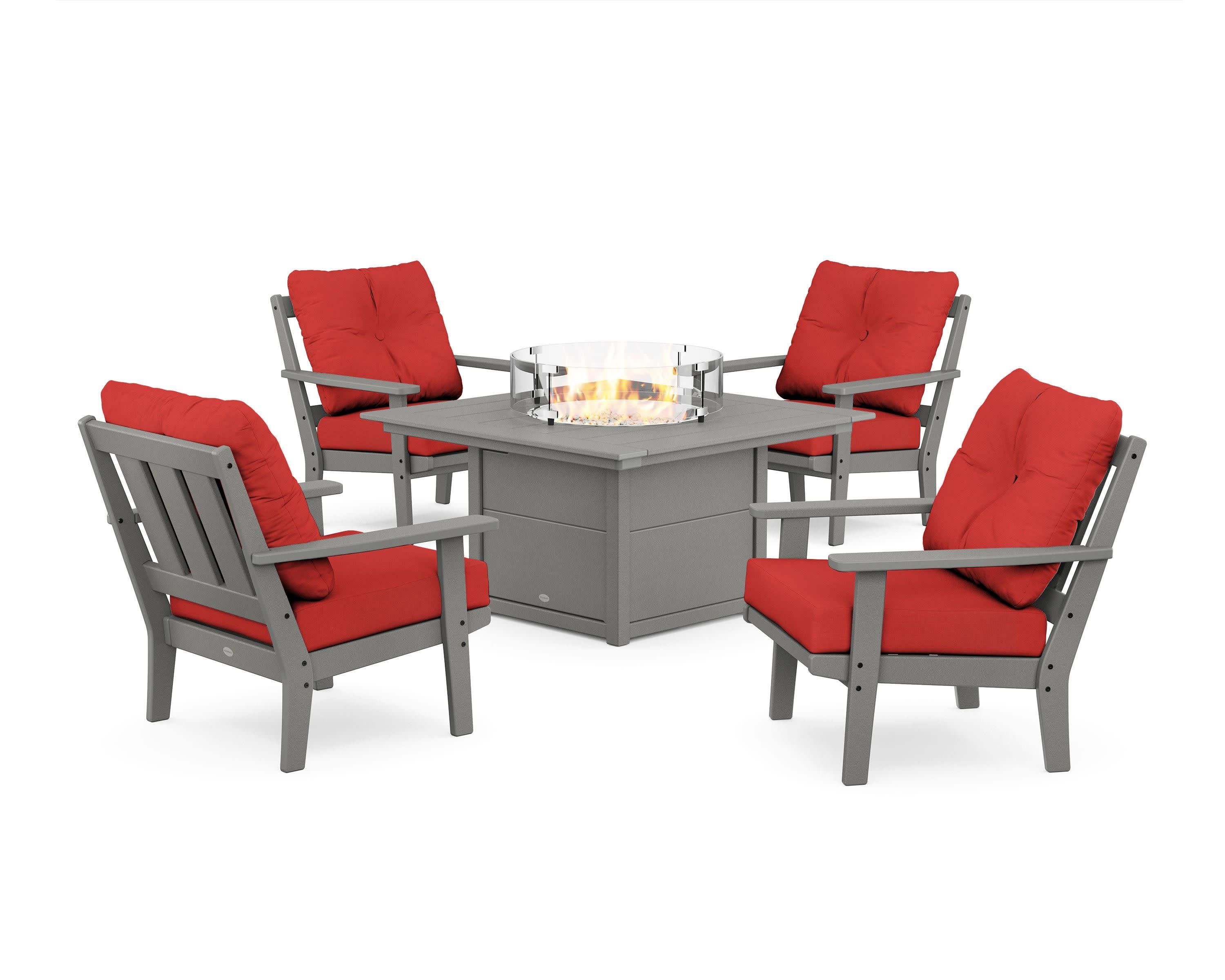 Oxford 5-Piece Deep Seating Set with Fire Pit Table in Slate Grey / Crimson Linen