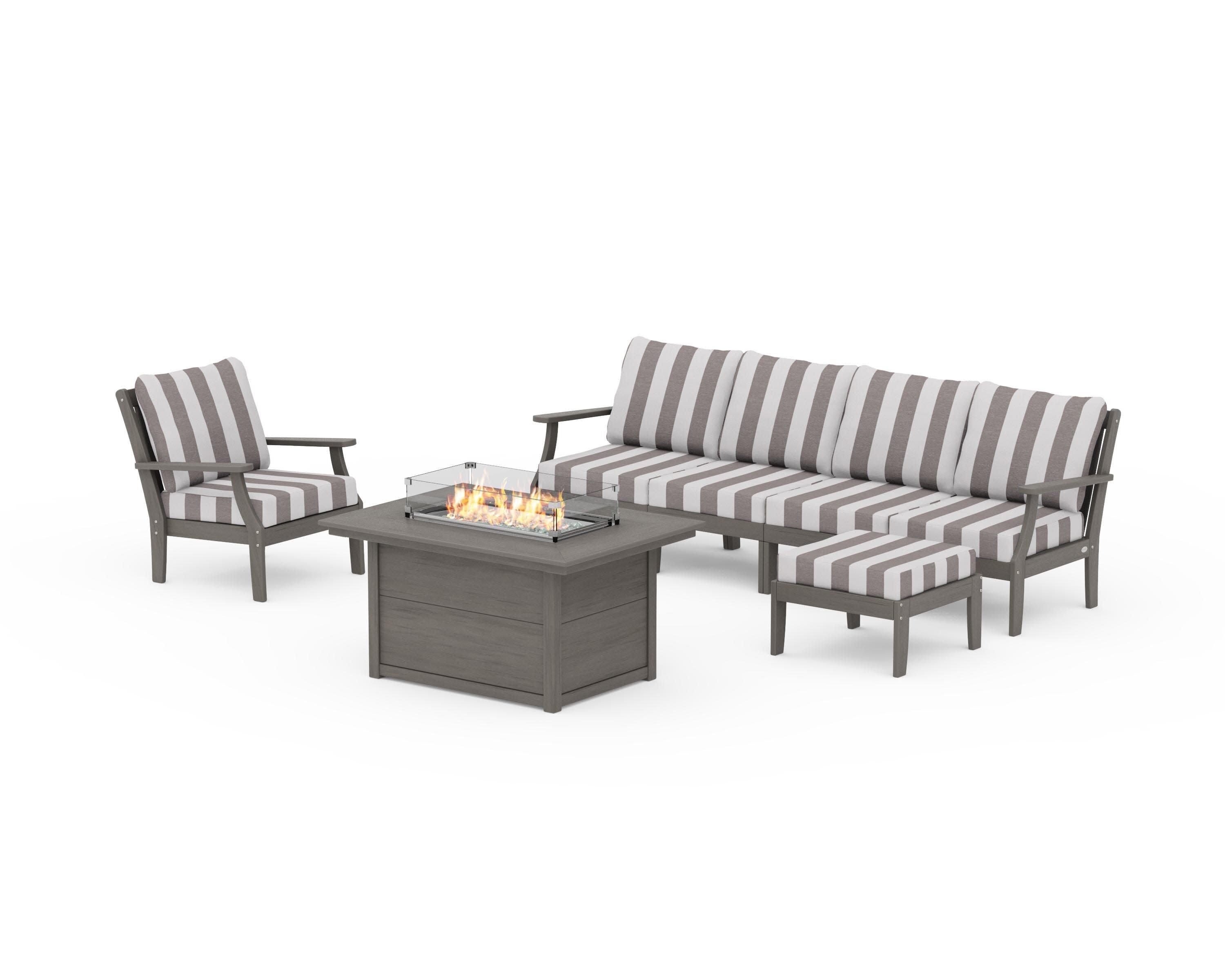 Braxton Sectional Lounge and Fire Pit Set in Driftwood / Cabana Stripe Grey Mist