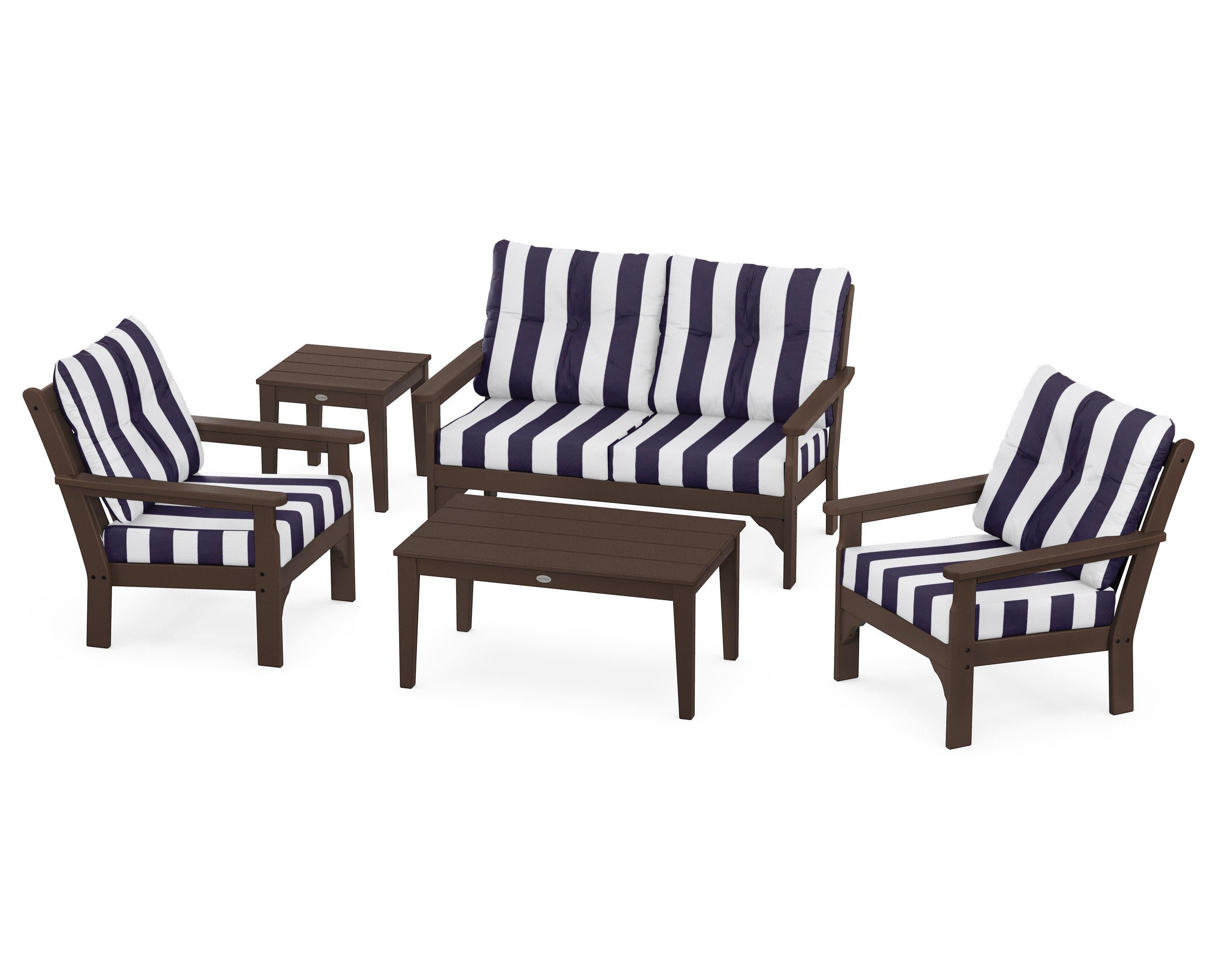 Vineyard 5-Piece Deep Seating Set in Mahogany / Cabana Stripe Navy