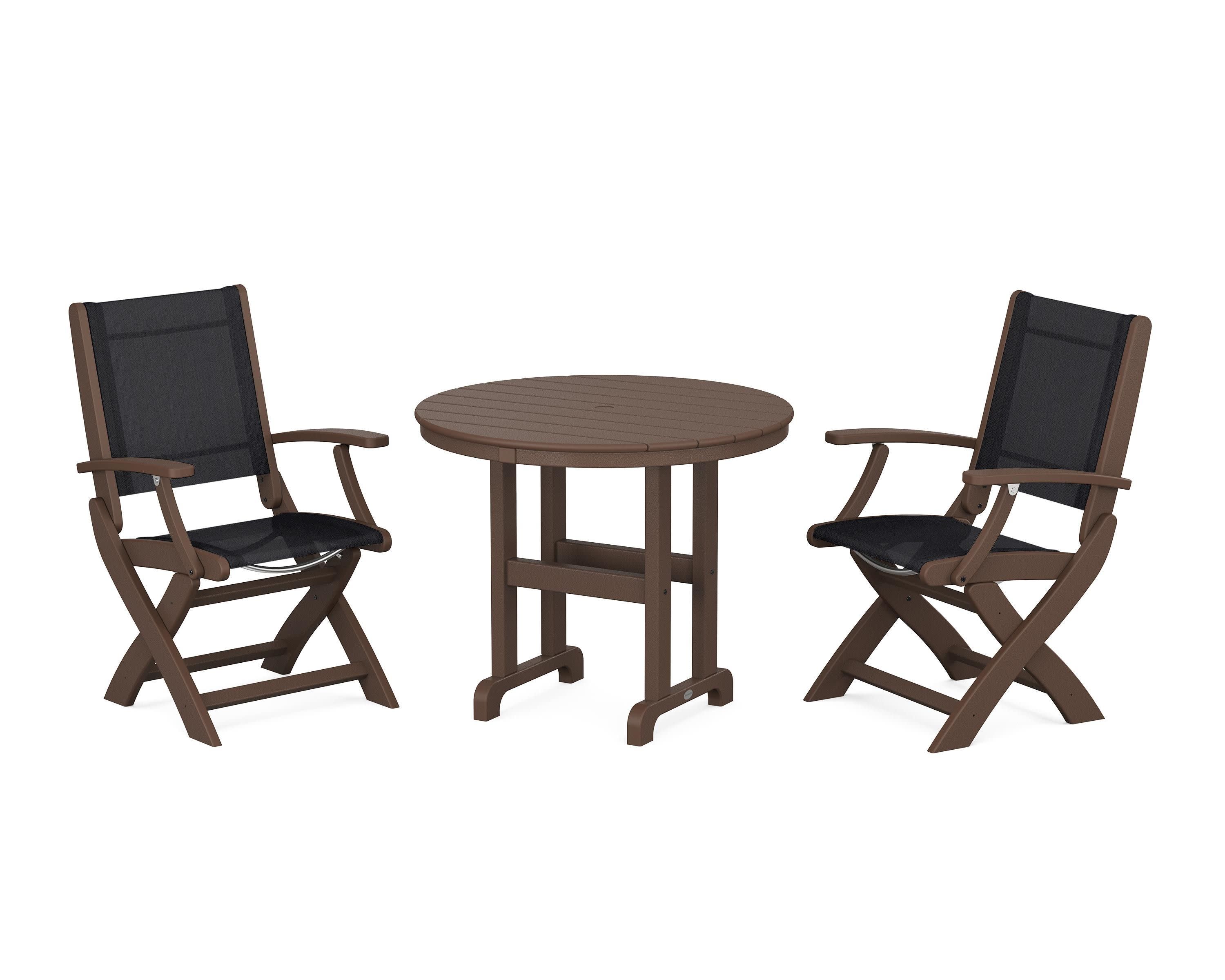 Coastal Folding Chair 3-Piece Round Dining Set in Mahogany / Black Sling