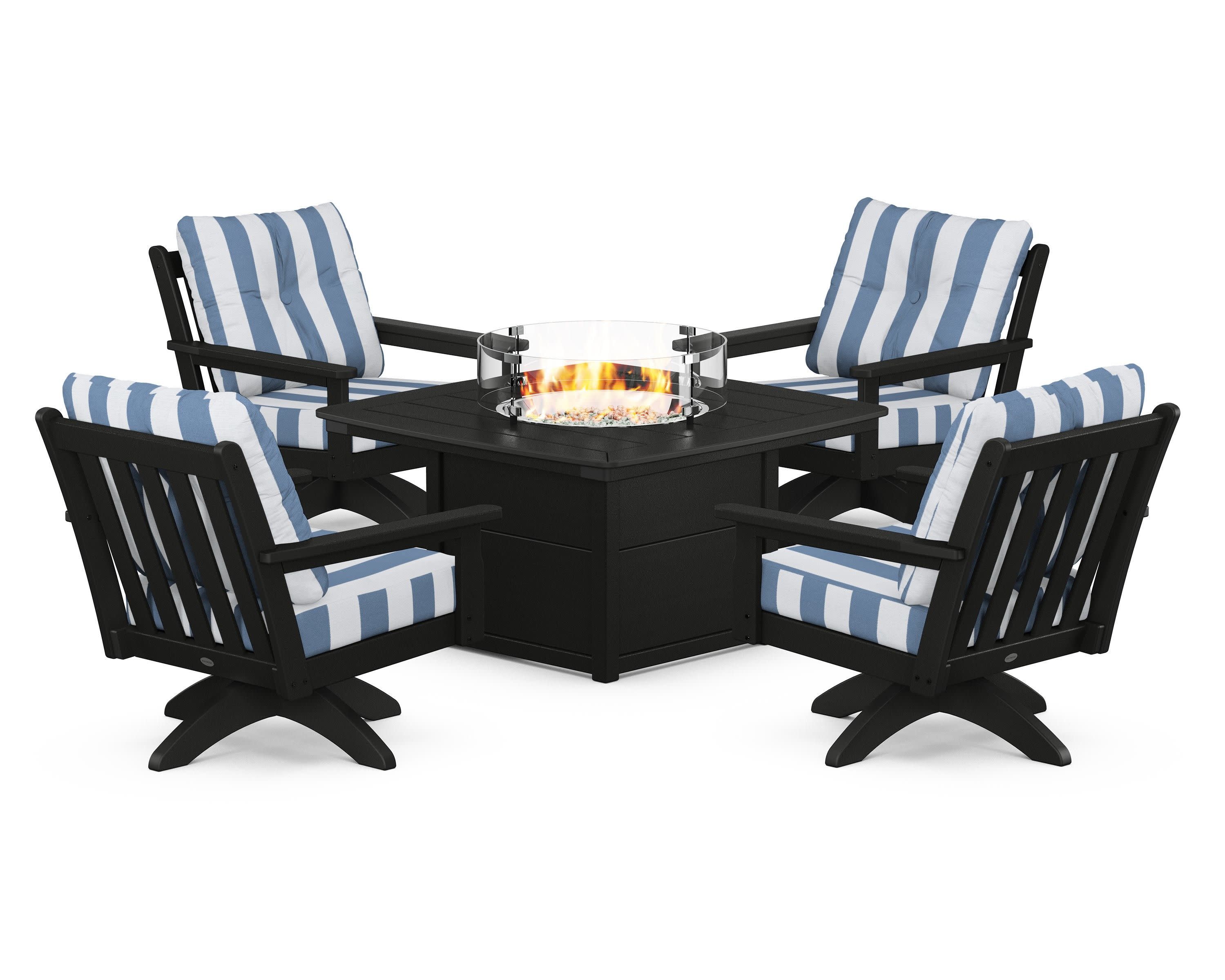 Vineyard 5-Piece Deep Seating Swivel Conversation Set with Fire Pit Table in Black / Cabana Stripe Sky Blue