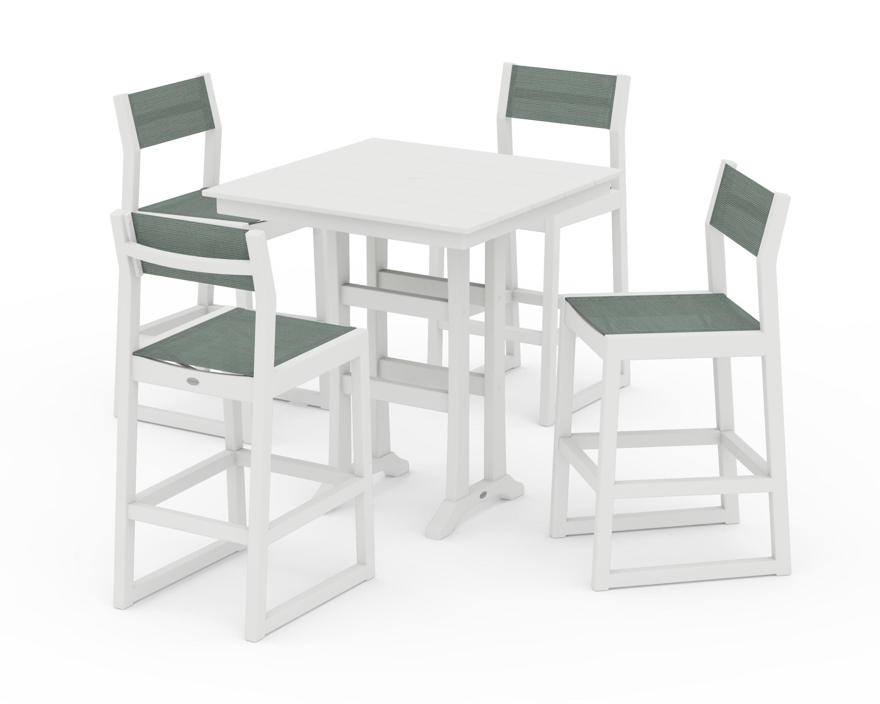 EDGE Sling Arm Chair 5-Piece Farmhouse Bar Set with Trestle Legs in Vintage White / Dupioni Sea Mist Sling