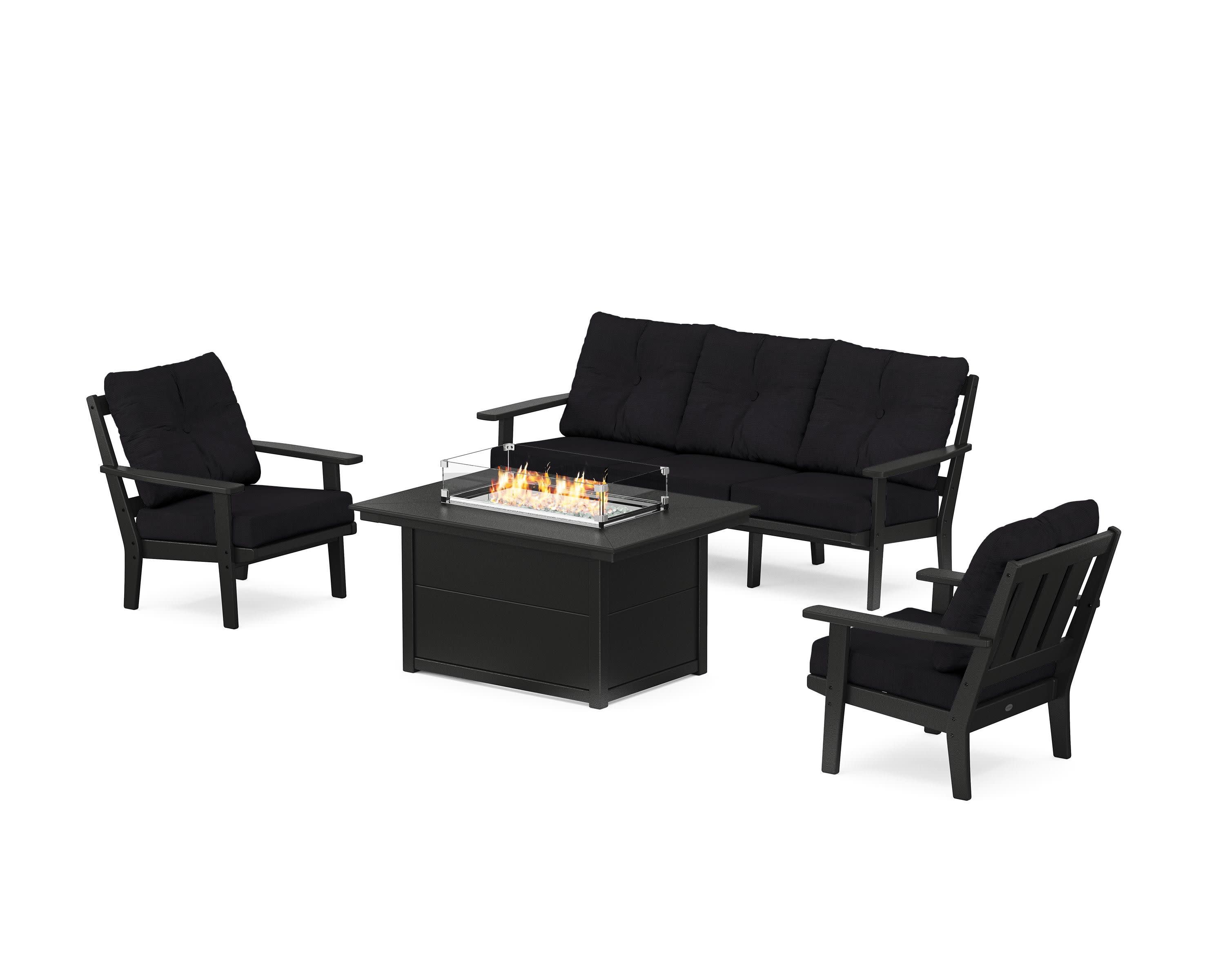 Oxford Deep Seating Fire Pit Table Set in Black / Midnight Linen