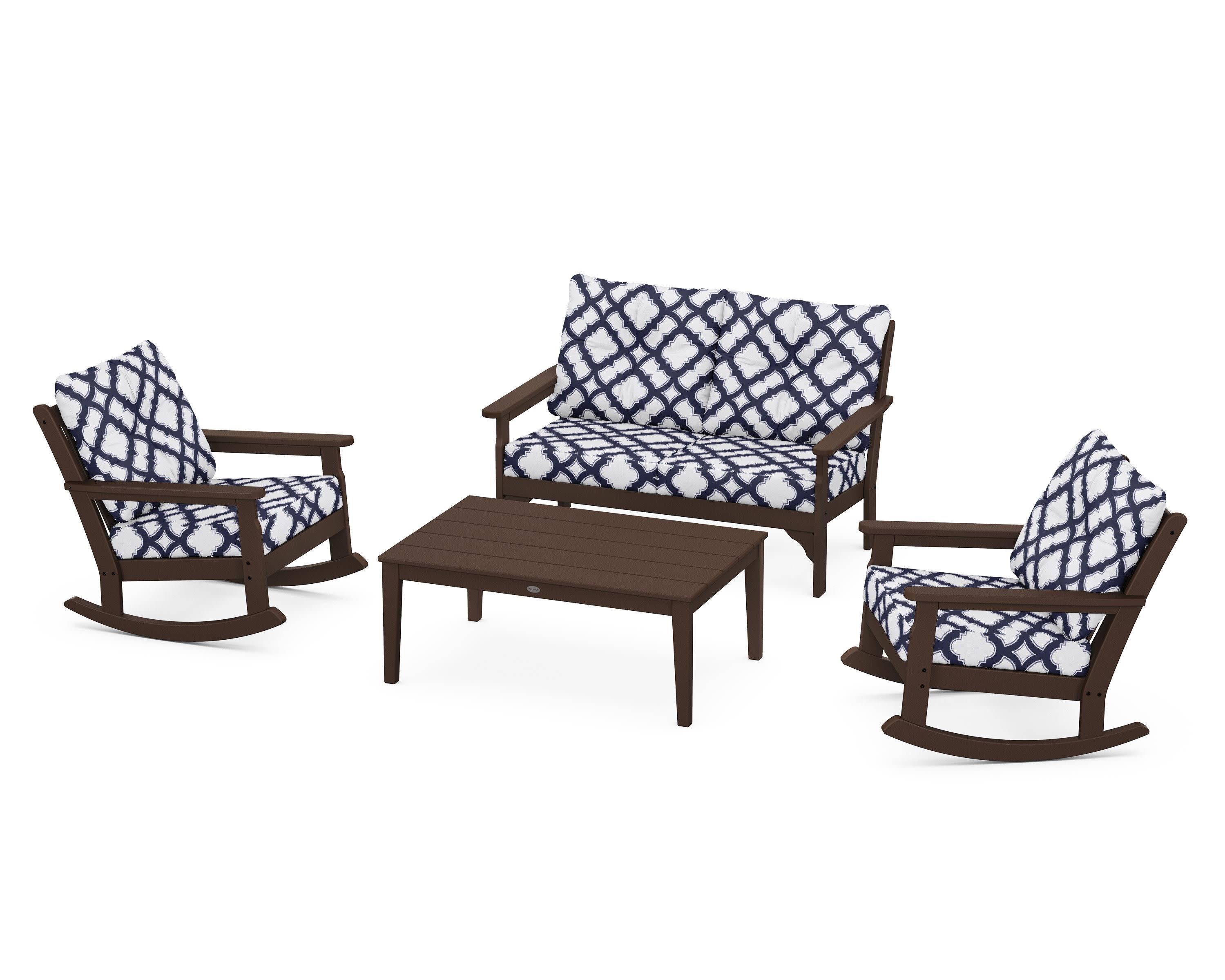 Vineyard 4-Piece Deep Seating Rocking Chair Set in Mahogany / Trellis Navy