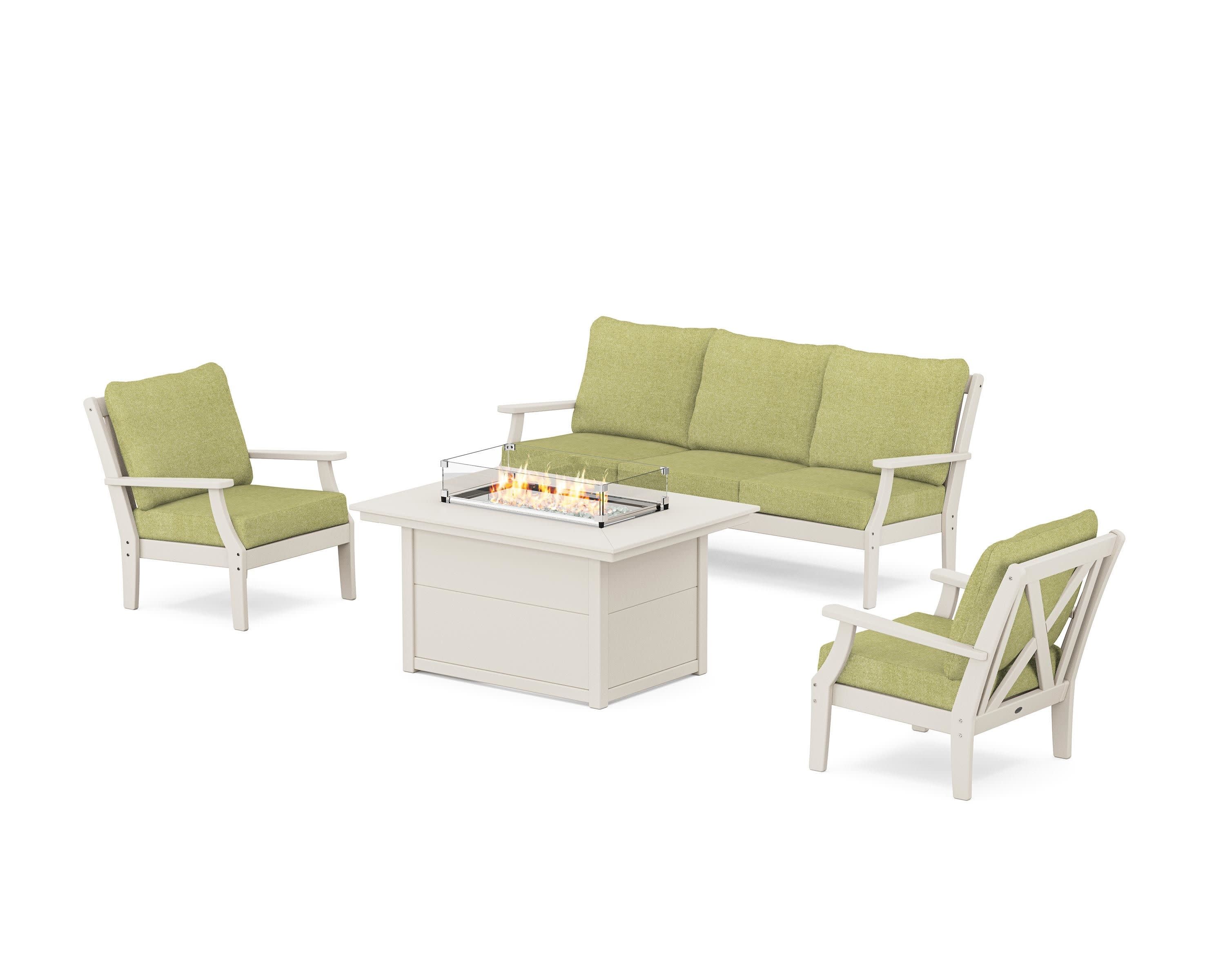 Braxton Deep Seating Fire Pit Table Set in Sand / Chartreuse Boucle