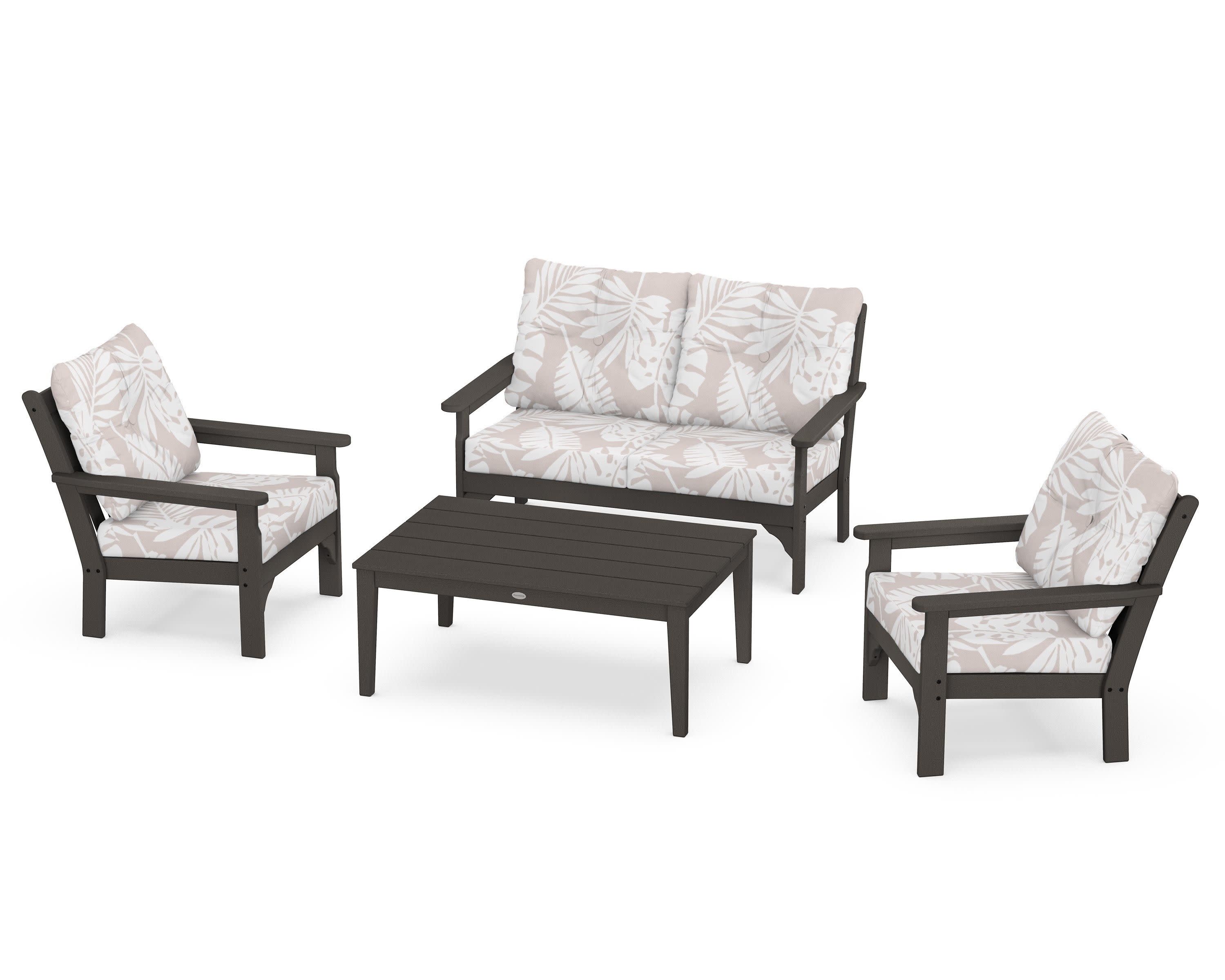 Vineyard 4-Piece Deep Seating Set in Vintage Coffee / Leaf Dune Burlap