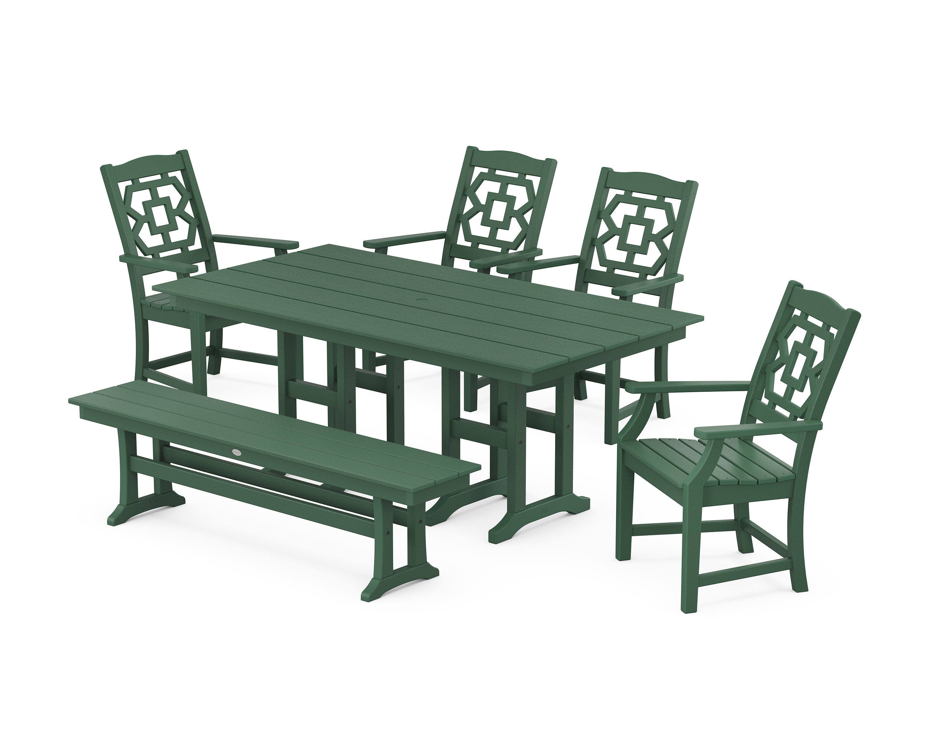 Chinoiserie 6-Piece Farmhouse Dining Set with Bench in Green