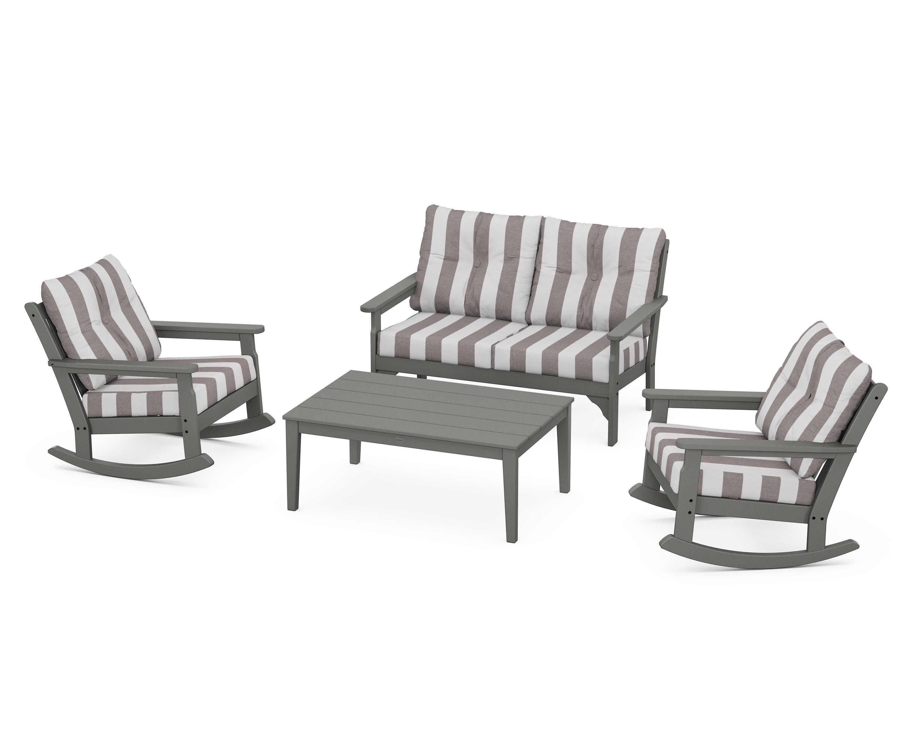 Vineyard 4-Piece Deep Seating Rocking Chair Set in Slate Grey / Cabana Stripe Grey Mist